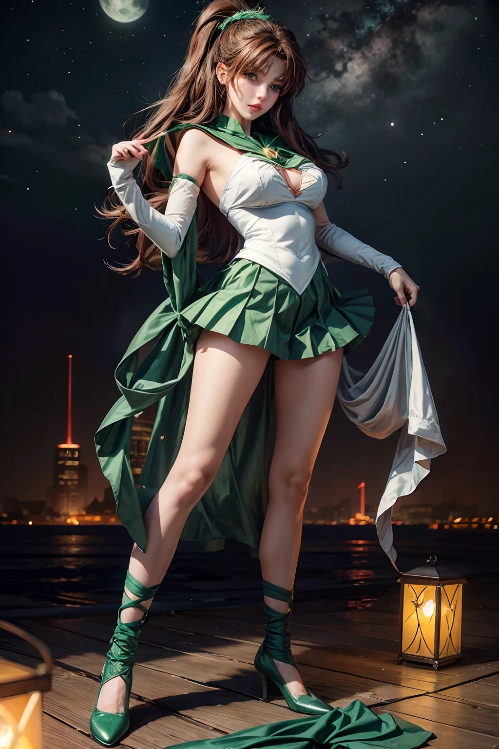 1girl green sailor moon,big boobs, brown hair, green ayes,high res,hyper realistis, ultra detail