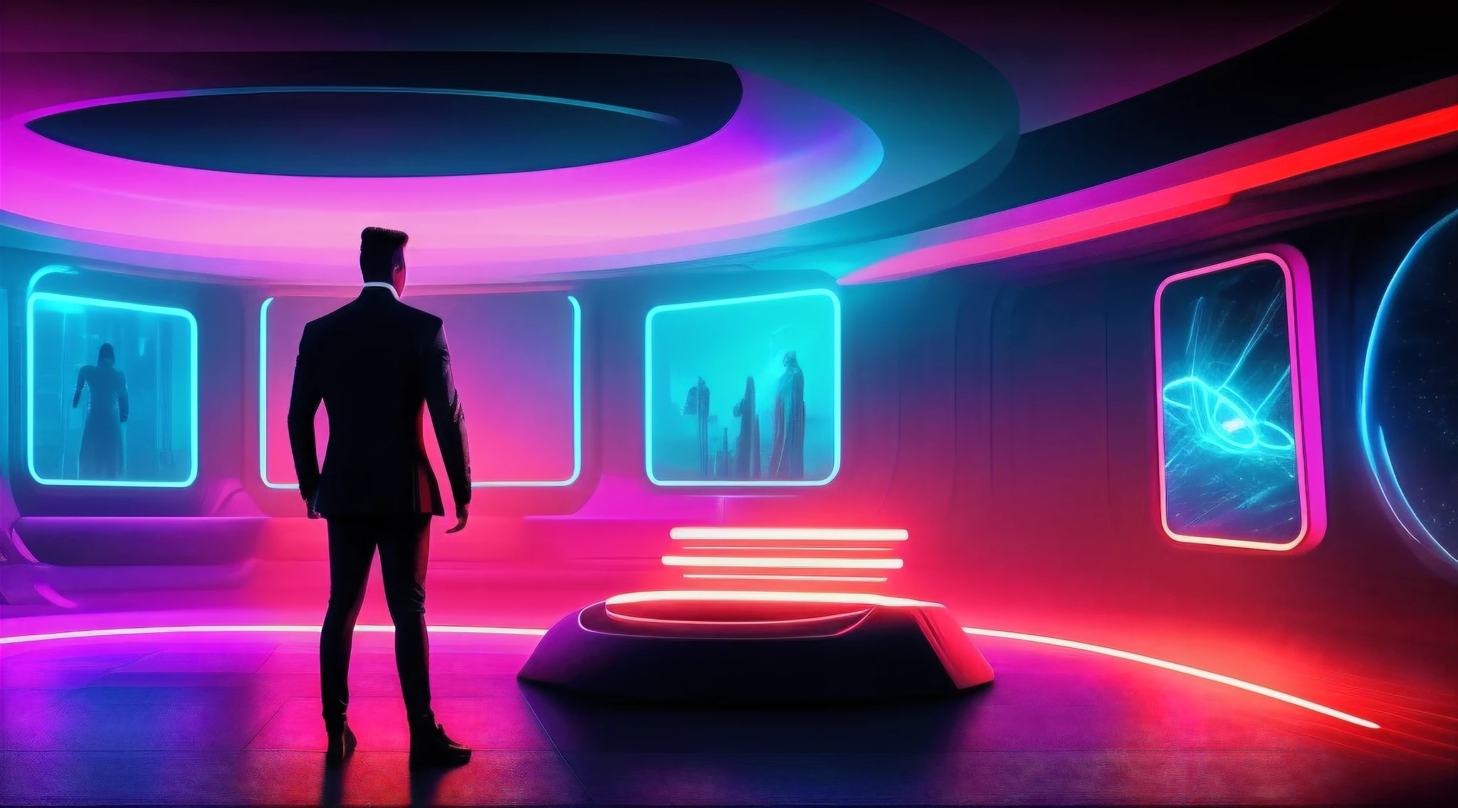 A futuristic, dimly lit room with neon lights flashing and futuristic music playing in the background. The camera pans in, revealing man, the charismatic host, standing in front of a massive holographic screen