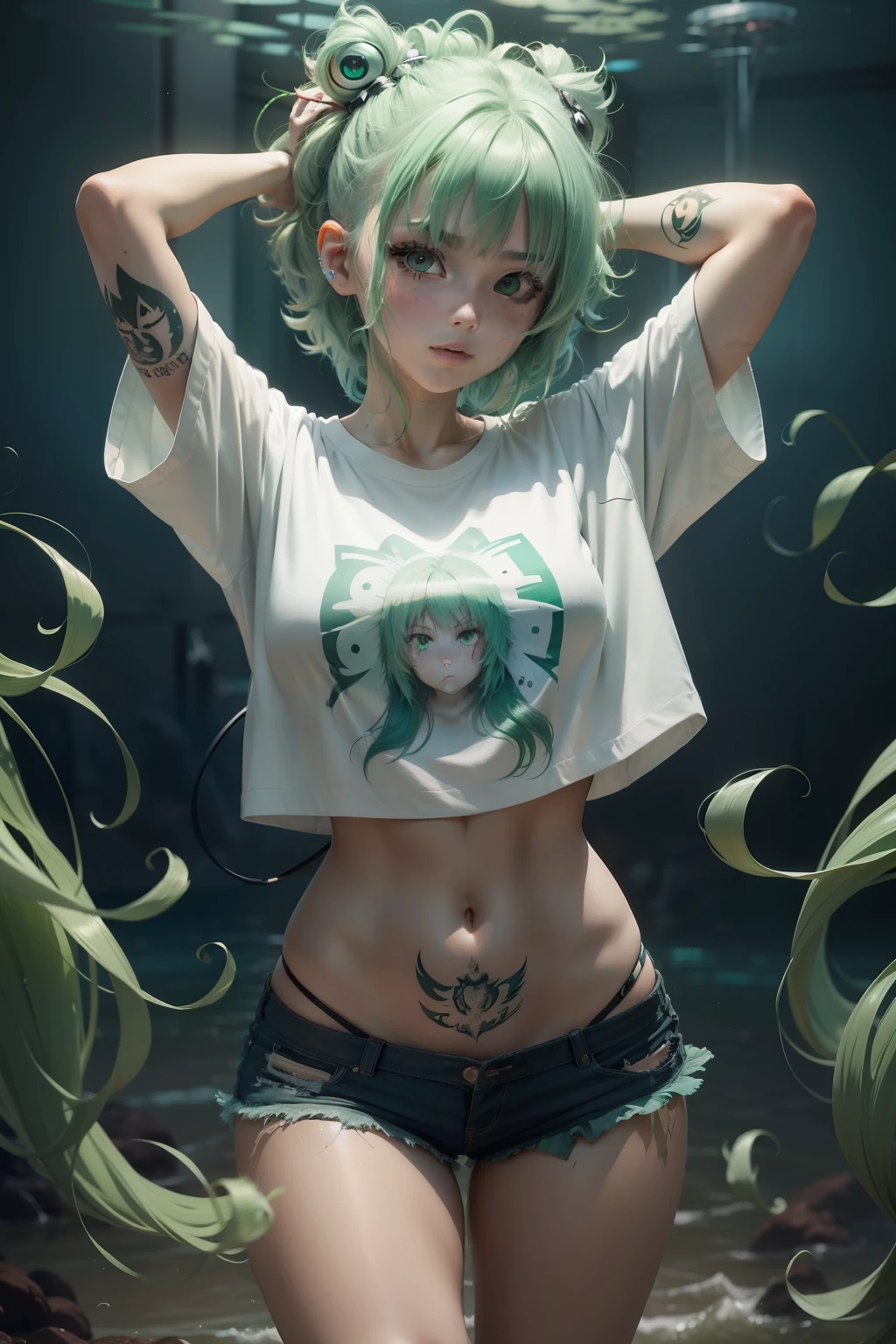 An Anime girl, green messy hair,half robotbody, electricity, Waring only long big white t shirt, tattoo, Hair resembles jellyfish, Full body portrait, Fish everywhere, Cinematic, corals