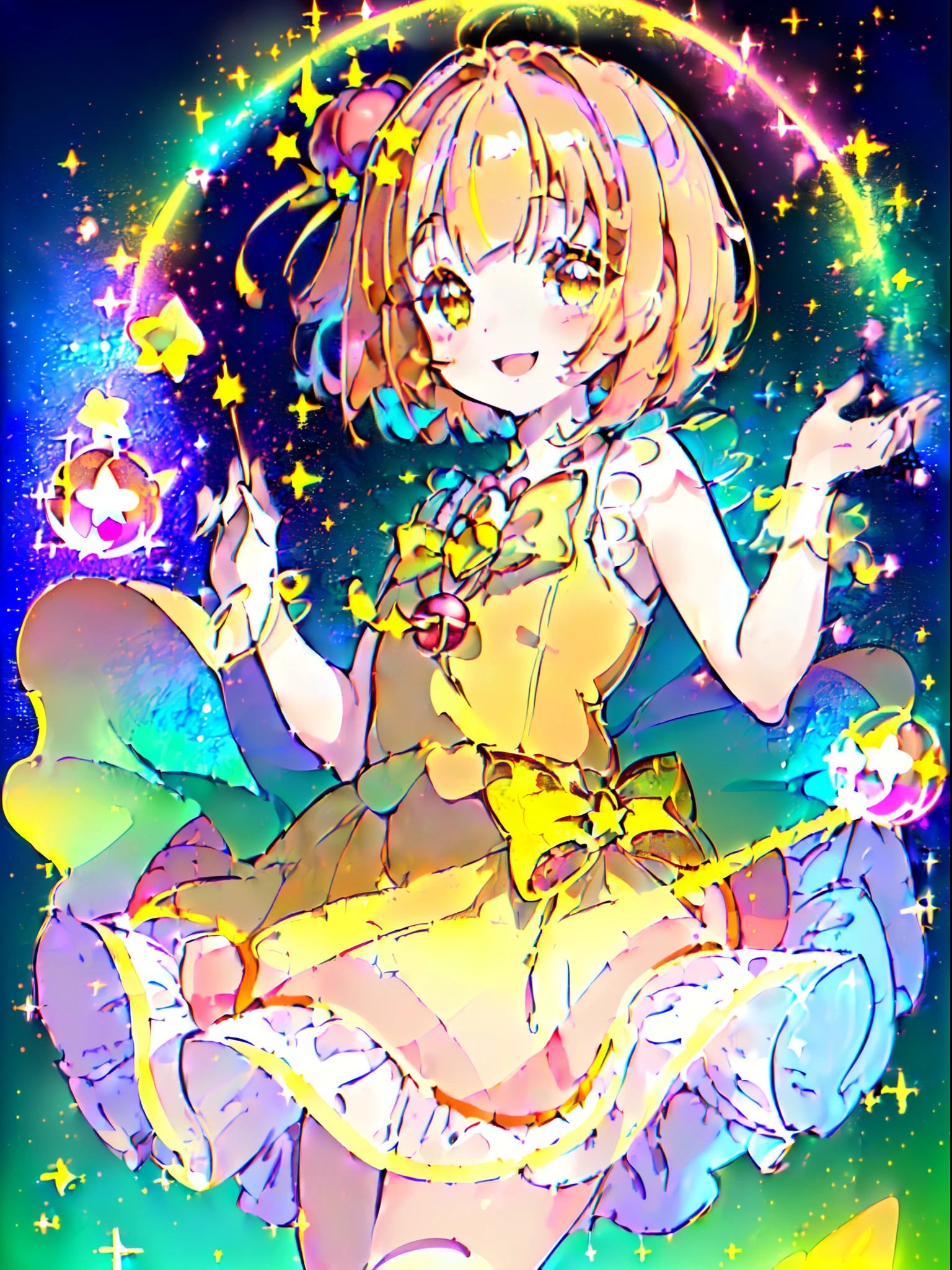 ((masutepiece)), ((Best Quality)), (magical  girl:1.4), (Cute One Girl, Peachy Hair, short-hair, bob cuts, yellow  eyes:1.3), (colorfull dress, Star-shaped ornaments, Iridescent skirt:1.3) (Raise one hand above your head, Cute smile, Red cheeks, Open mouth:1.3), (Bright background, Glitter Effects, Particle:1.2), ((delicate illustration)), ((Ultra Detail))