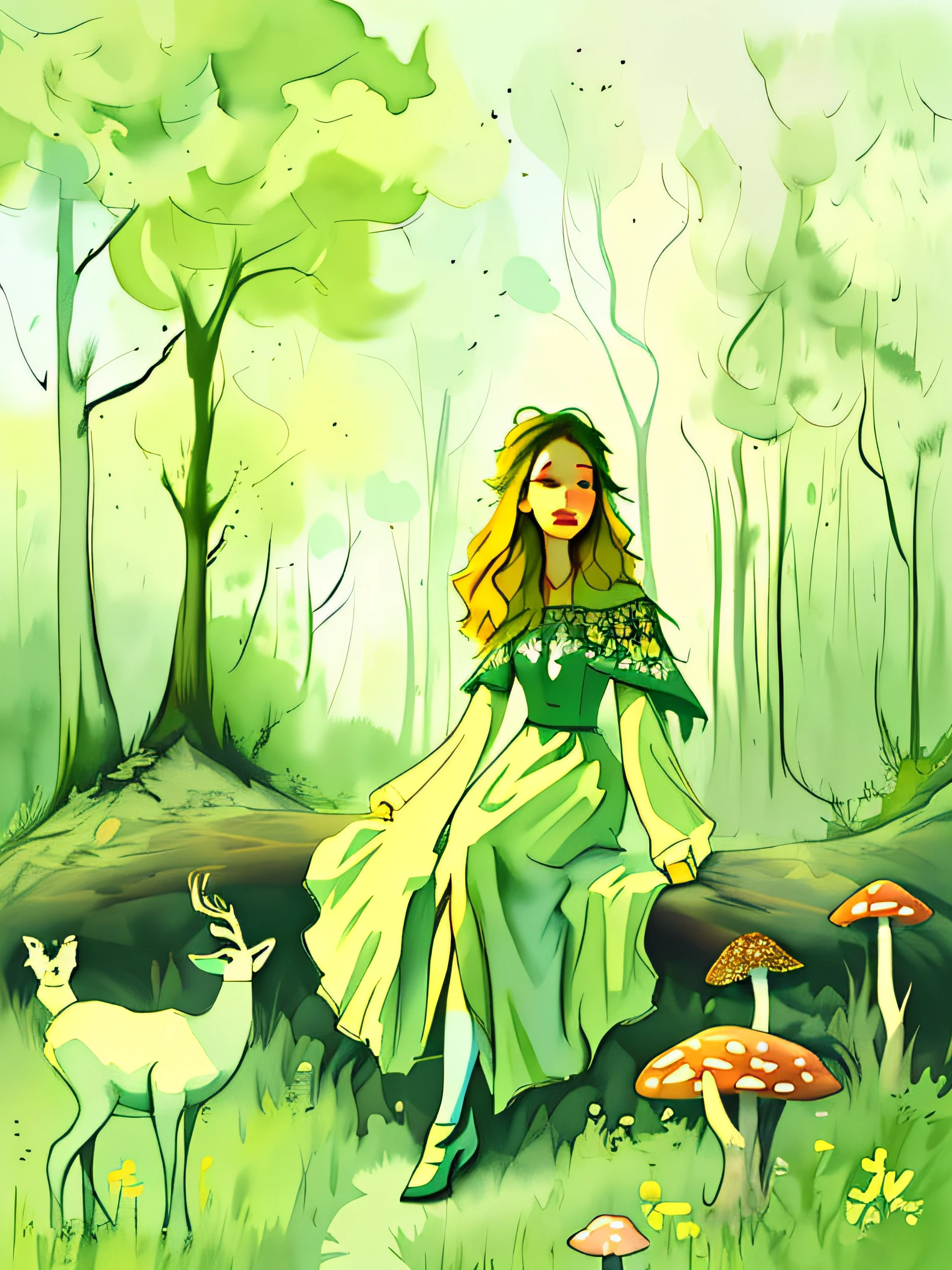 Painting a woman in the forest with deer and mushrooms, dreamlike illustration, illustrated in whimsical style, Watercolor illustration, fantasy watercolor, inspired by amy sol, fairytale illustration, fairytale painting, fairy-tale illustration style, fantasy watercolor, inspired by Hsiao-Ron Cheng, detailed watercolour, matte gouache illustration, rich aquarel, blurry and dreamy illustration