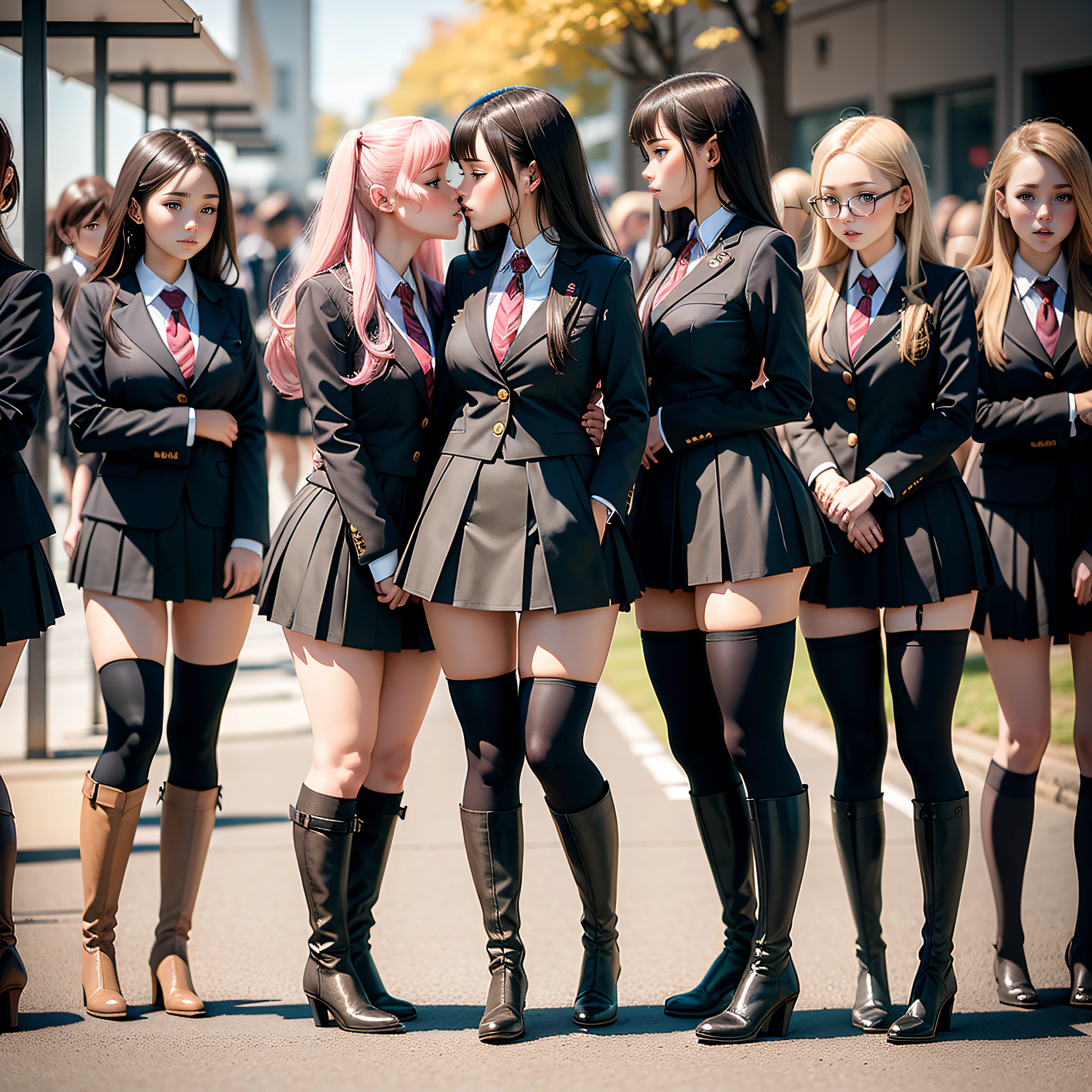 sexy group of ta schoolgirls are inside the classroom during the lesson, wearing dresses, corsaits, miniskirts, tight leggins, stockings with hooks, high heels, stilletoes, long overknee boots, chokers, vivid lipsticks and eyeliner and hard make-up, touching eachother, only females on the picture, full body shot, shot from behind