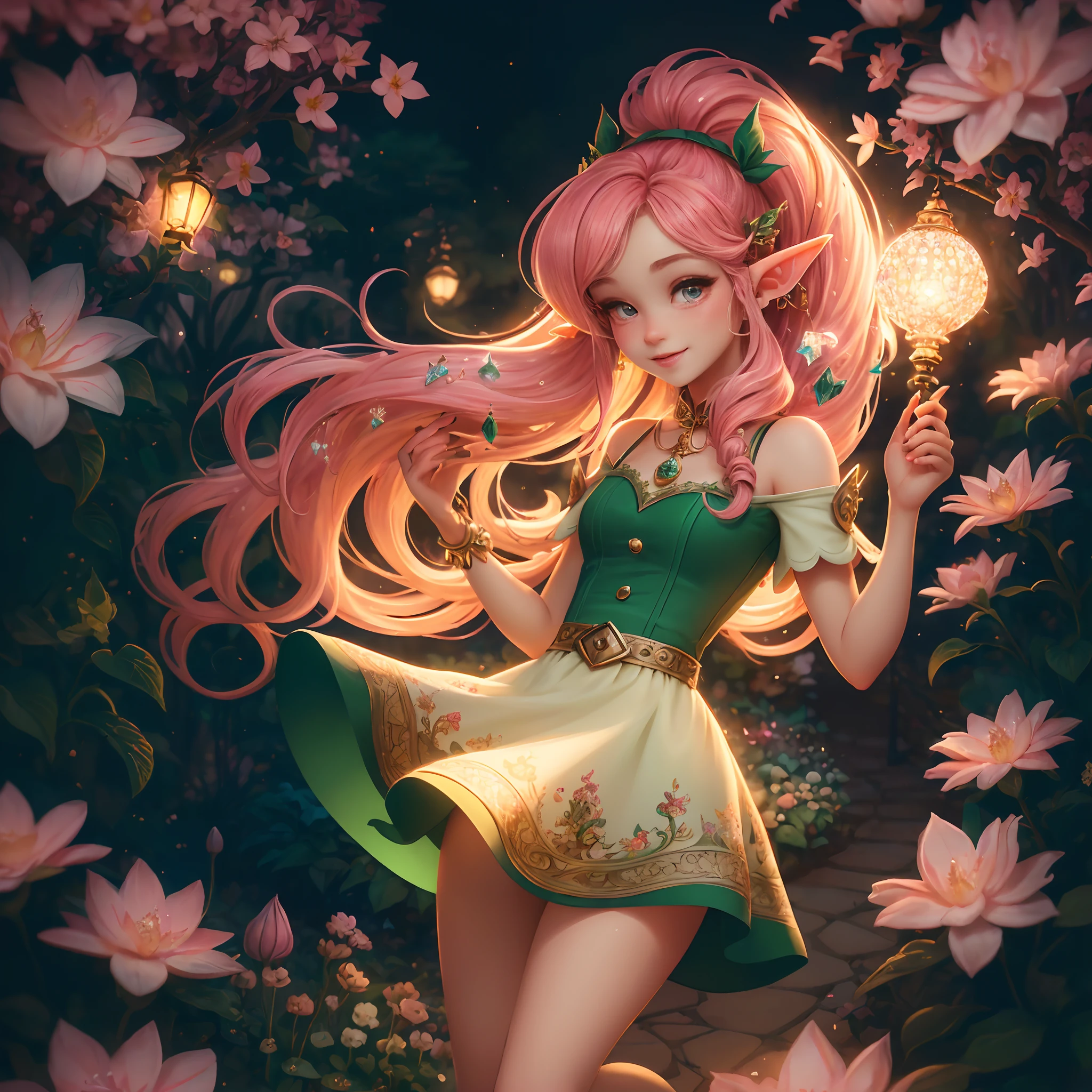 (Best quality, High-res, Ultra-detailed, Extremely detailed:1.2), 4K, 8K, Girl, Long hair, Beautiful, gentle, Lively, Crystal shoes, dress, pony tails, Vibrant atmosphere, ears of elf, Playful expression, Fantastic core, illustratio (illustration), Vivid colors, Soft lighting，parks，trpical garden，the elf，
