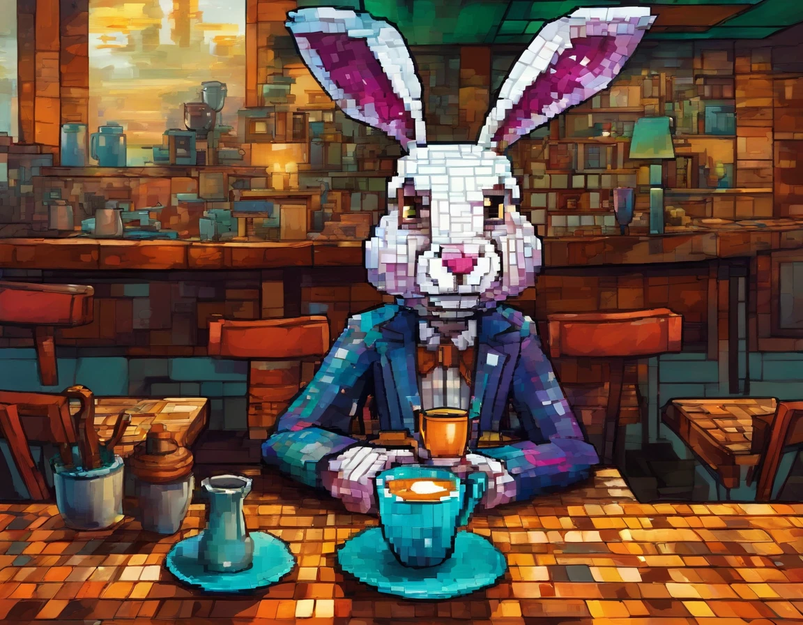 Humanoid rabbit drinking coffee in a coffee shop, art by [by Esao Andrews]