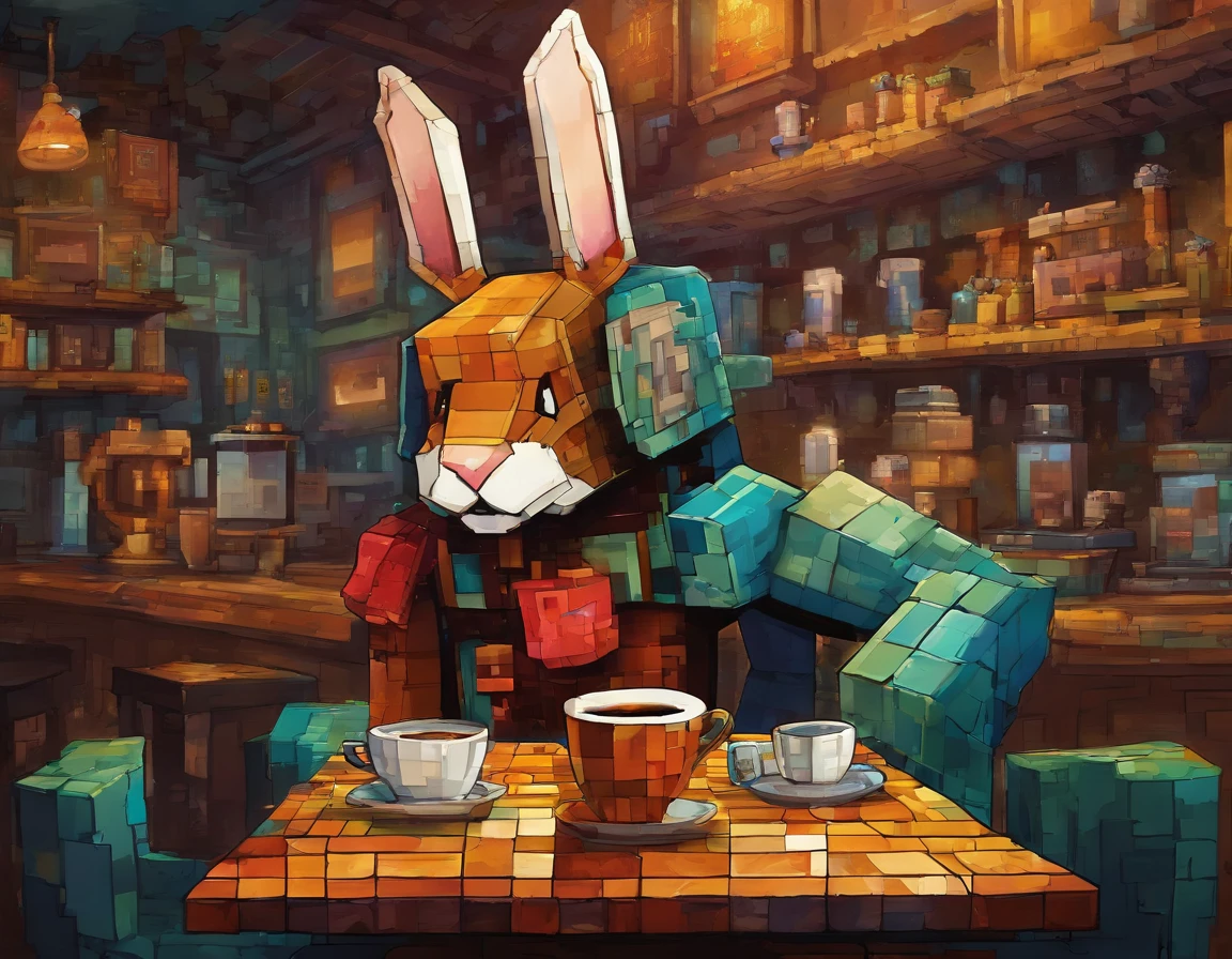 Humanoid rabbit drinking coffee in a coffee shop, art by [by Esao Andrews]