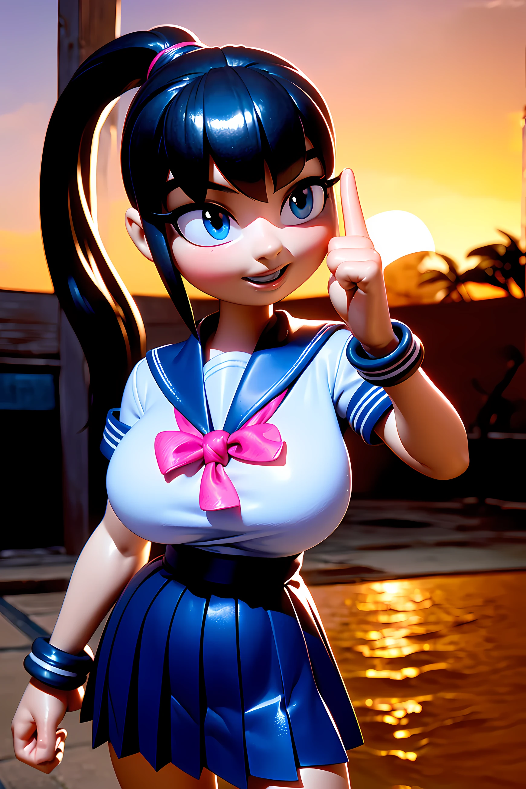 3d animation, (1girl:1.3, solo), (japanese school girl), (upper body:1.3), (She walks along the dimly lit path of the riverbank.:1.2), (random posing:1.3), highly detailed eyes and pupils, realistic skin, ((attractive body, gigantic breast:1.38, disproportionate breasts:1.38, thin waist:1.15)), medium-length thin hair, ((bobbles ponytail:1.3), (shiny-black hair:1.3),extremely detailed hair, delicate sexy face, sensual gaze, shiny lips, BREAK, (japanese school girl uniform:1.3), (white collared sailor shirt:1.3), (dark-blue pleats skirt:1.3), (panpos:1.3), (japanese clothes:1.3), detailed clothes, BREAK, (outdoor:1.2), (blurry background:1.25, simple background, detailed background), (under sunset:1.37), BREAK, ((realistic, super realistic, realism, realistic detail)), perfect anatomy, perfect proportion, hyper sharp image, (attractive emotion, seductive smile:1.2, happy:1.2, blush:1.2, :d:1.2, :p:1.2), ((4fingers and thumb:1.2)), perfect human hands, wind, BREAK, (Masterpiece, best quality, photorealistic, highres, photography, :1.3), ultra-detailed, sharp focus, professional photo, commercial photo, shadows, contrast, clear blue sky, constellations, peaceful, serene, quiet, tranquil, remote, secluded, adventurous, exploration, escape, independence, survival, resourcefulness, challenge, perseverance, stamina, endurance, observation, intuition, adaptability, creativity, imagination, artistry, inspiration, beauty, awe, wonder, gratitude, appreciation, relaxation, enjoyment, rejuvenation, mindfulness, awareness, connection, harmony, balance, texture, detail, realism, depth, perspective, composition, color, light, shadow, reflection, refraction, tone, contrast, foreground, middle ground, background, naturalistic, figurative, representational, impressionistic, expressionistic, abstract, innovative, experimental, unique