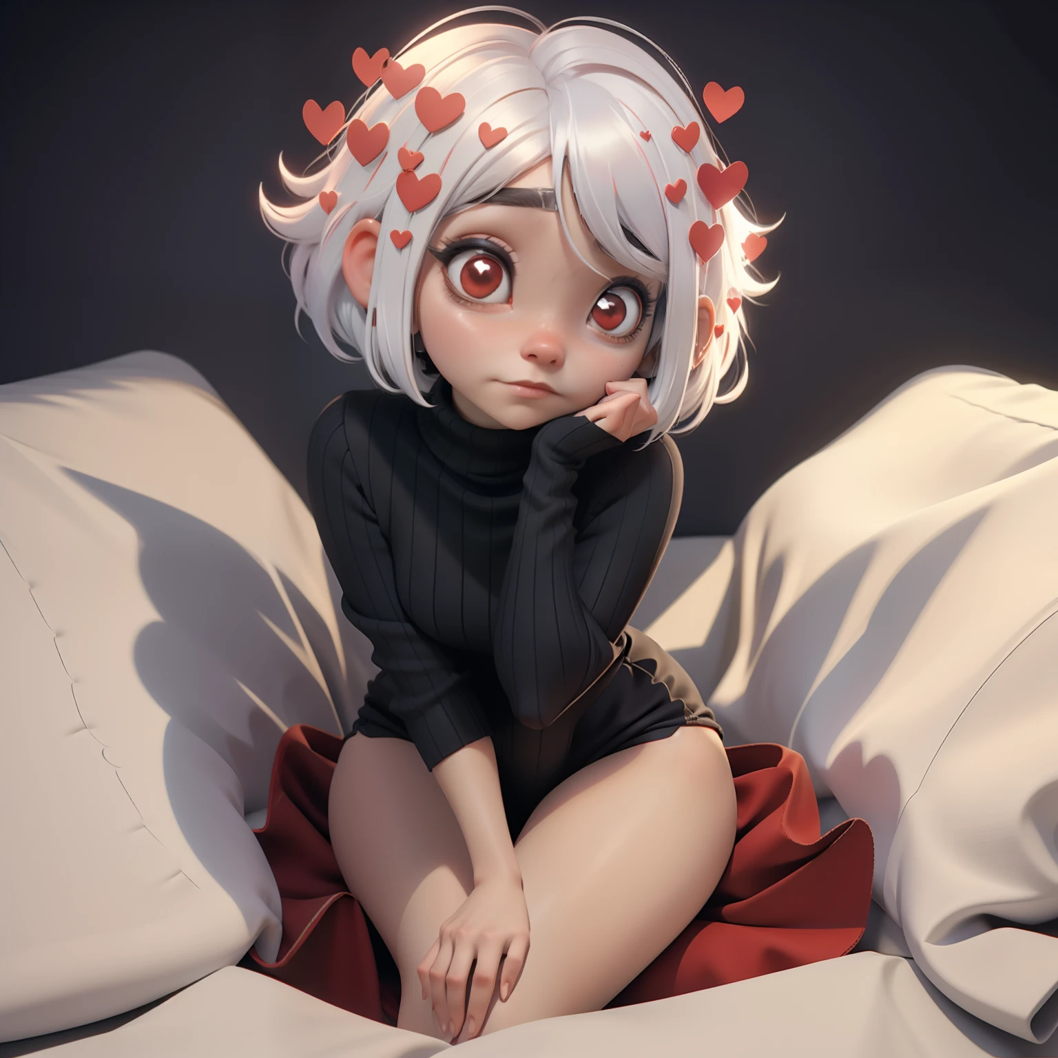 Masterpiece, (1 girl) ((chibi style)), render 3d, Best Quality, Modeus (helltaker), (demon tail), ((red ribbed sweater,high neck)), panties, (red eyes), (((white hair))),((medium short hair)), trumpets, hearts, (heart-shaped pupils), black horns,  pantyhose, black mid-calf stockings. just woke up, still lying in bed, talking with someone, lying down, holding cell phone with both hands, looking back, frontal pose, legs crossed, casual, comfortable, sitting on her bed