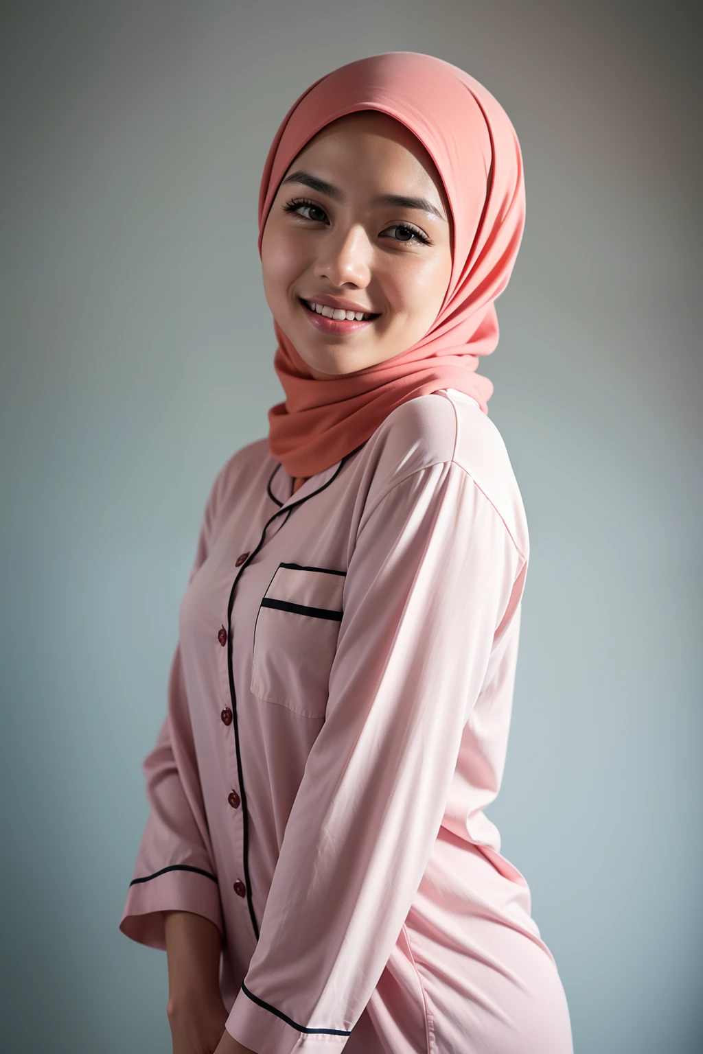 Malay girl in hijab wearing sexy pastel color pajamas portrait photography, mid shot photo, ultra detail, professional photograph with professional lighting, smile, light blue studio background, sexy seducing pose,