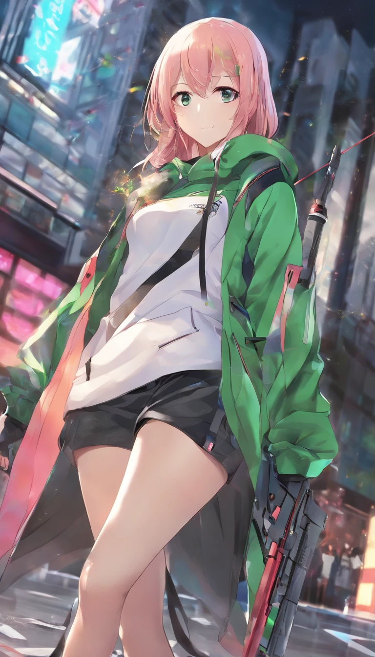 Dynamic angle, ((Full body posing:1.5), (colorful:1.2), (extremely detailed CG unity 16k wallpaper:1.1), (Denoising strength: 1.45), (tmasterpiece:1.37), ((official art)), (assault rifle、、Beautiful malay girl in hijab, clean detailed faces, Cyber, analogous colors, Glowing shadow, beautiful gradation, Clean image, Black hoodie outfit、 High detail, High definition, Blush, coalescence, beleza celestial, Very detailed, full body,  Green eyes、, Depth of field, Soft lighting, god rays, sparkle, glowing light, ((masterpiece)), ((best quality)), High quality, UHD, award winning
