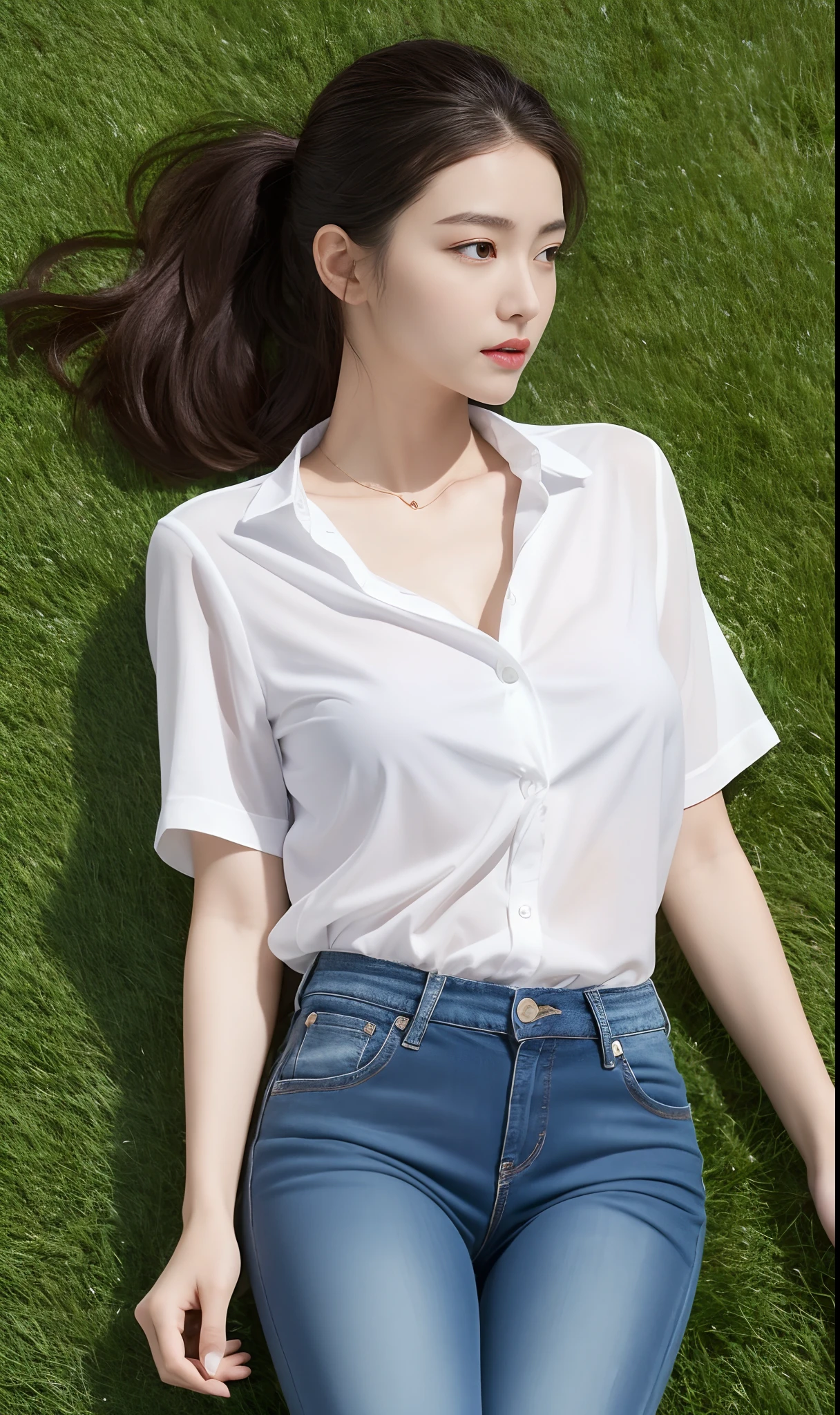 Ultra-high quality photos，A high resolution，16k，1 very beautiful female high school student，Wear a white button-down sheer shirt and low-rise jeans（Ultra-detailed clothing:1.5），Play with the ball on the grass of the football field，（On the grass:1.02），Super high value，perfect body figure，Beautiful short ponytail，Delicate hair，Fair face and skin，Beads of sweat on the forehead，Have fun on the playground，（（（The chest is huge））），Breasts are full and straight:1.5，（The clothes on the chest are high and bulging, Tightness and bulging:1.5），Delicate fair and soft toes，White and delicate fingers，（Delicate sneakers:1.5），Focus on the chest，fully body photo:1.8
￼
￼
transcend