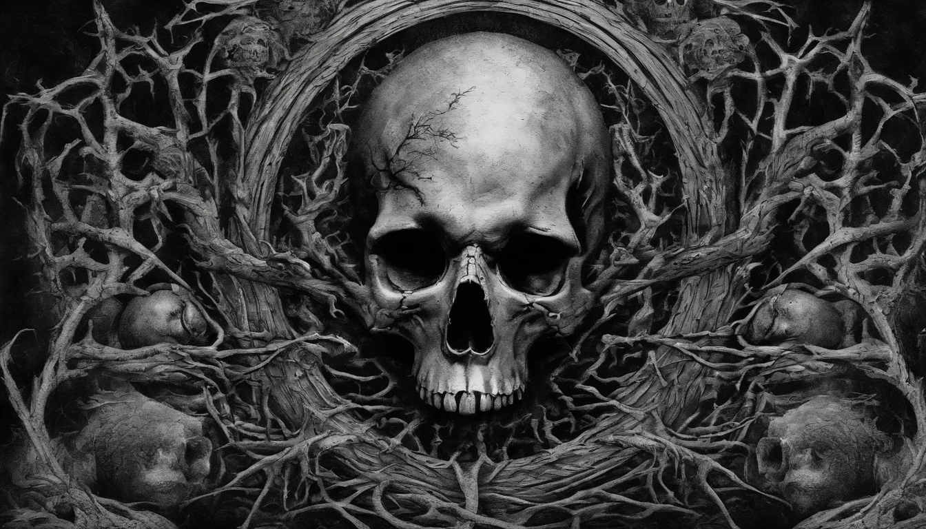 Etching style, Torch and a thorny branch forming a cross with serpents and skull, cauldron, sickle, full hd