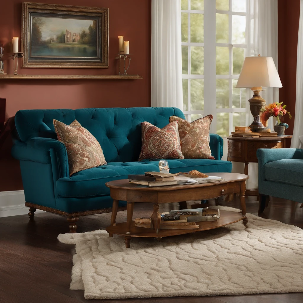 A living room with a couch and a book on the white flannel rug