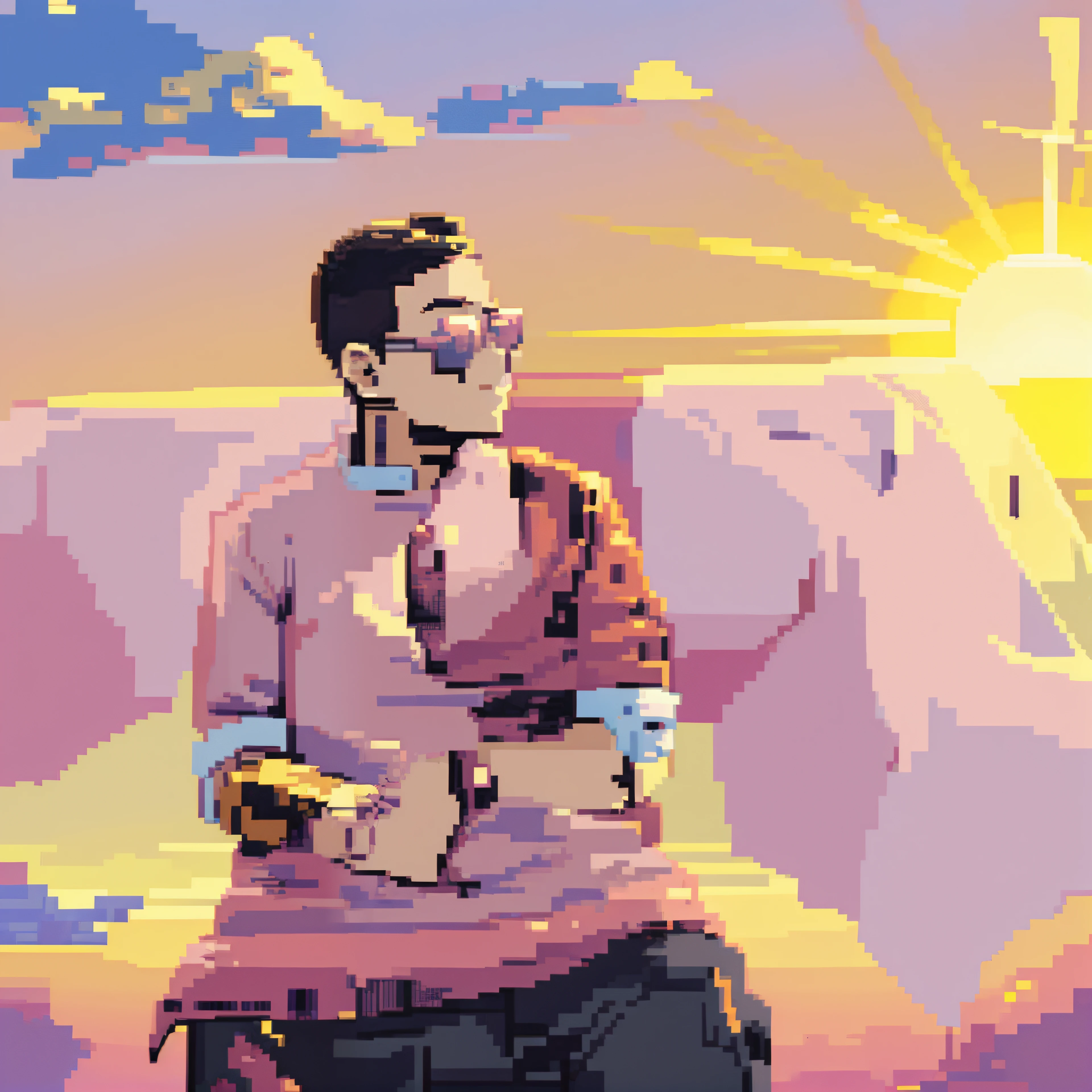 retro anime, pink sunset , cute anime boy , looking at sun , pixel art, cell shading