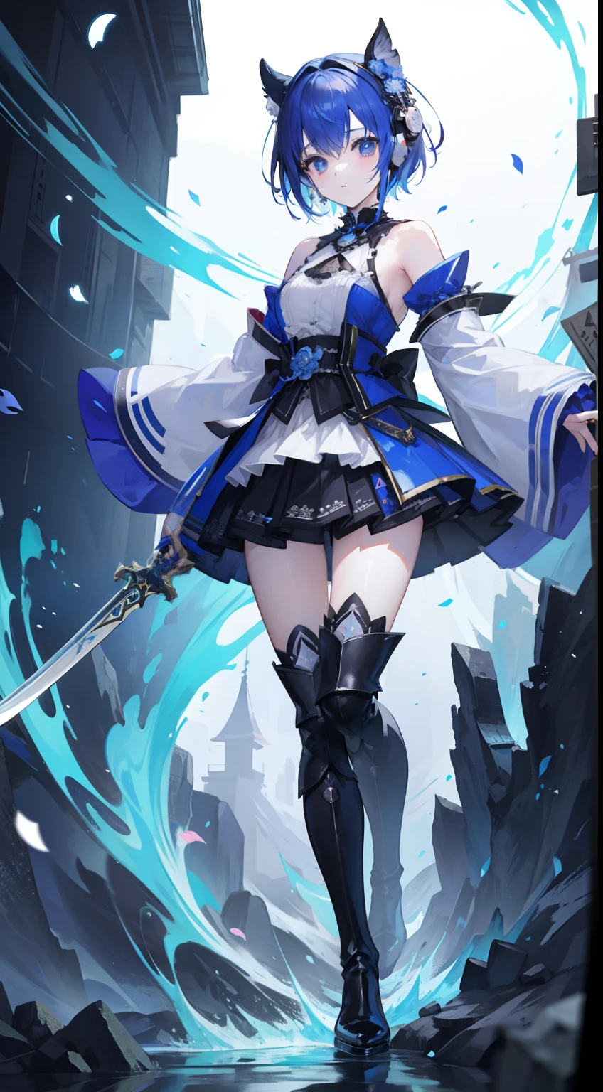 short-hair、gotik、Japanese Lolita、Hold the sword、Confetti、head phone、hotpants、Blue Flame、A picture that can be seen in its entirety　Black boots　Front-facing composition