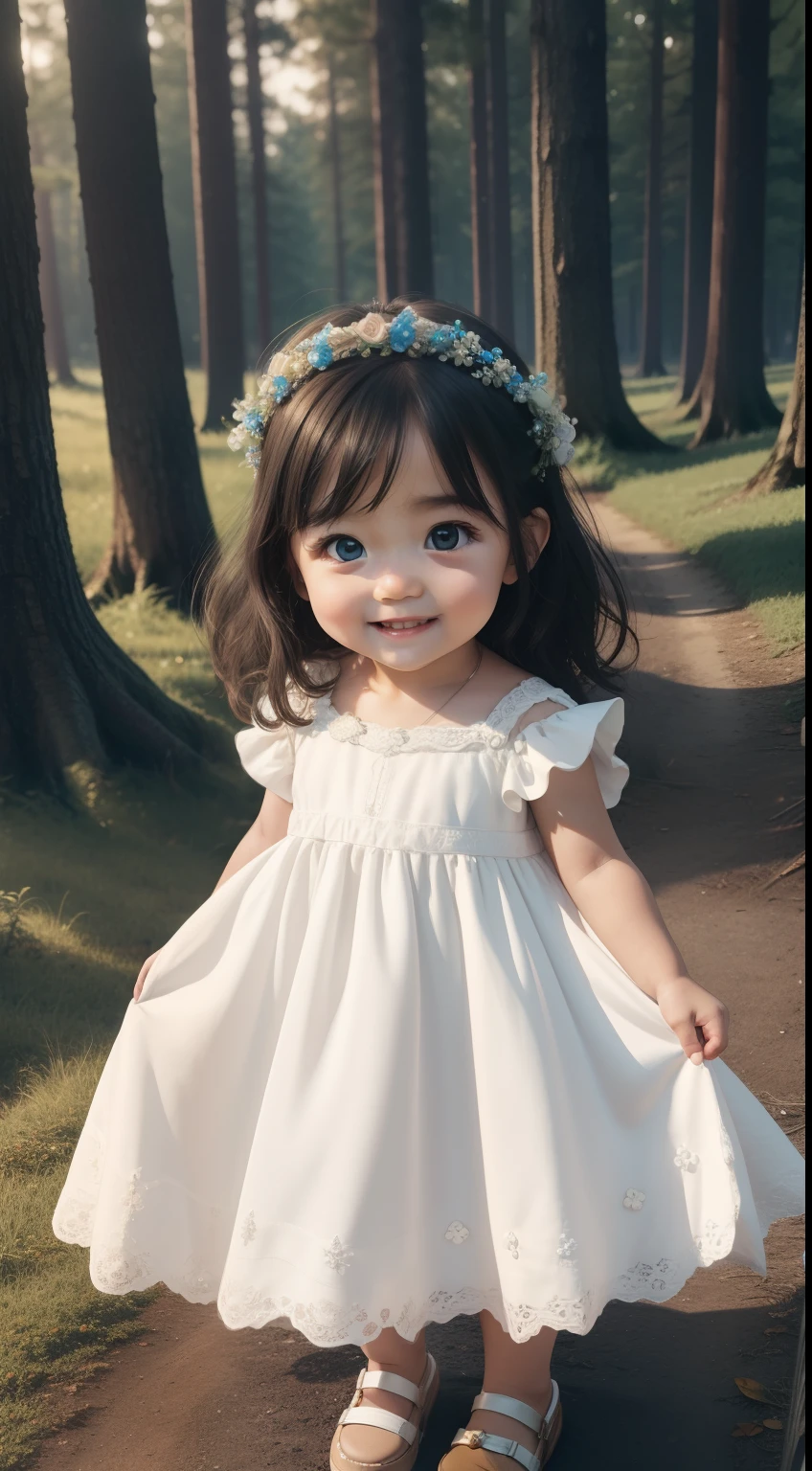 (​masterpiece), (top-quality), (ultra-detailliert), (full body Esbian:1.2), Super Cute, Baby, Pixar, Baby in dress，Big bright eyes, fluffly, a smile, Delicate and fine, fairytale, Incredibly high detail, pixer style, Bright color palette, natural soft light, Simple background with pure colors, octan render, Trending on ArtStation, a gorgeous, ultra wide-angle, 8K, hard disk, realisitic，in woods