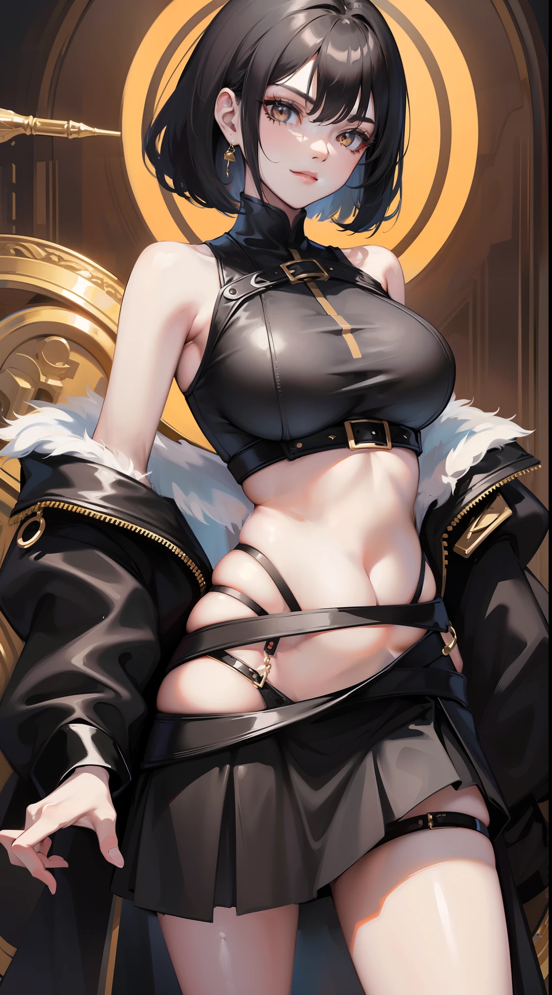 young girl, short black and white hair, golden eyes, smirk, big breastes, Goth's clothes, open breasts, open belly, Sleeveless, short skirt, stocklings, Masterpiece, hiquality, 4k, HD, Good detail