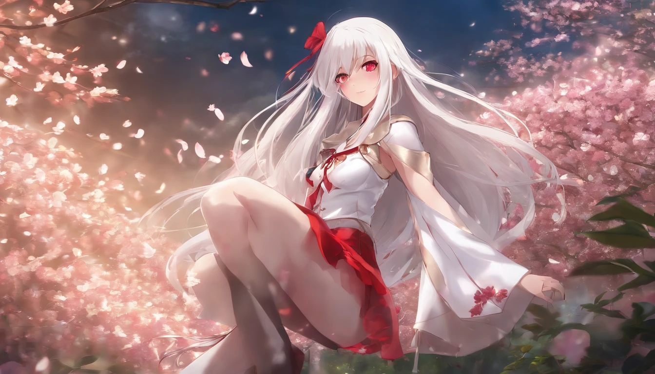 1girl,long white hair,red eyes,mini skirt,high res,looking at viewer,anime style,soft lighting,vibrant colors,sakura petals