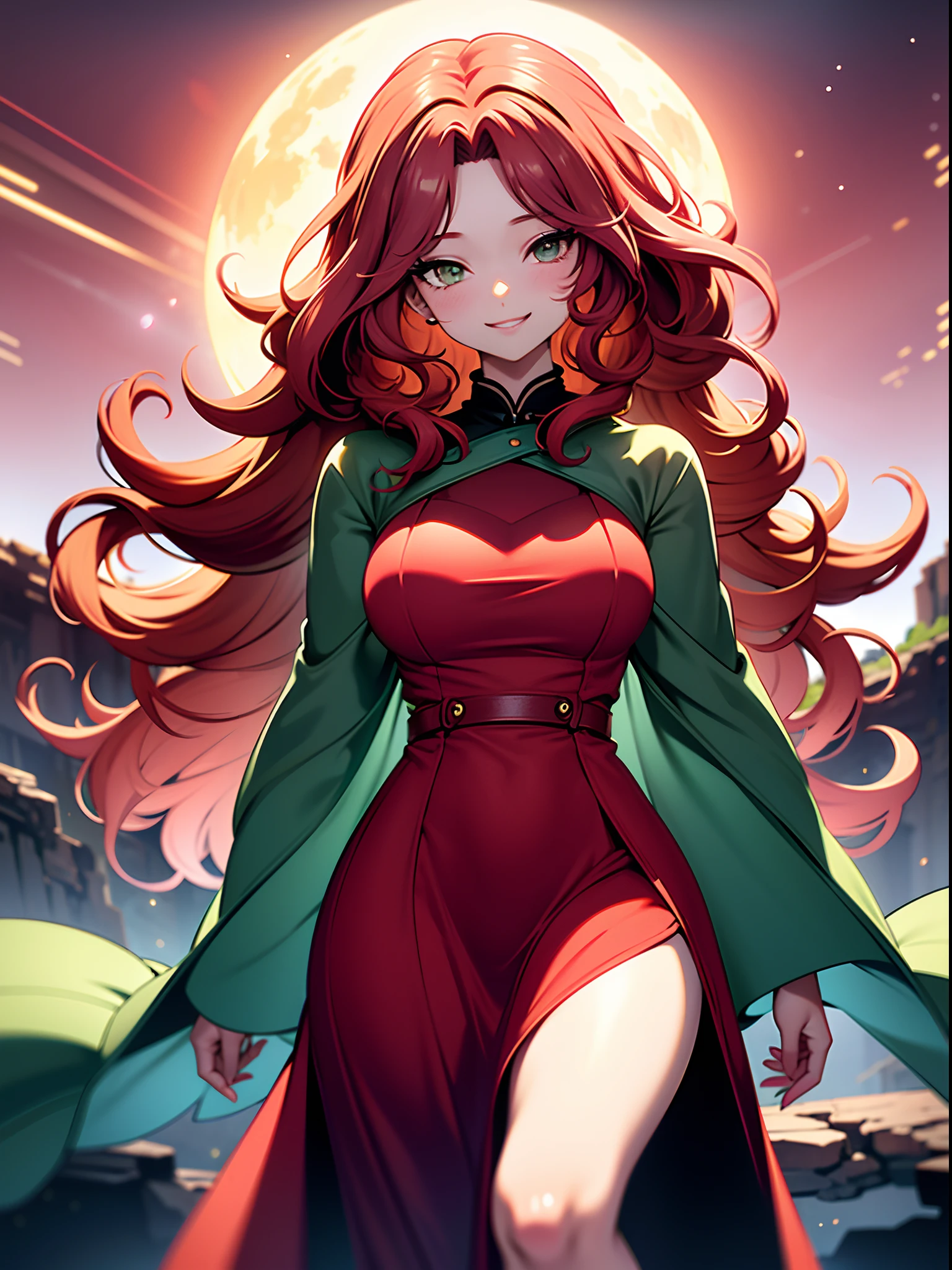 (Background Centre:1.6), 3D Animation film, CG Animation, high quality Animation, 1 girl, red hair, long curly hair, smile, blush, happy, emit a faint luminescence green gradient Long dresses, Standing on the edge of a sheer cliff, hips protruding in this direction, Back shot, a large red moon, vaguely reddish nebulous clouds. detailed background: 1.2, bokeh, moisturized eyes, shiny hair, ultra detailed skin, Fantastic light effects, 3DMM