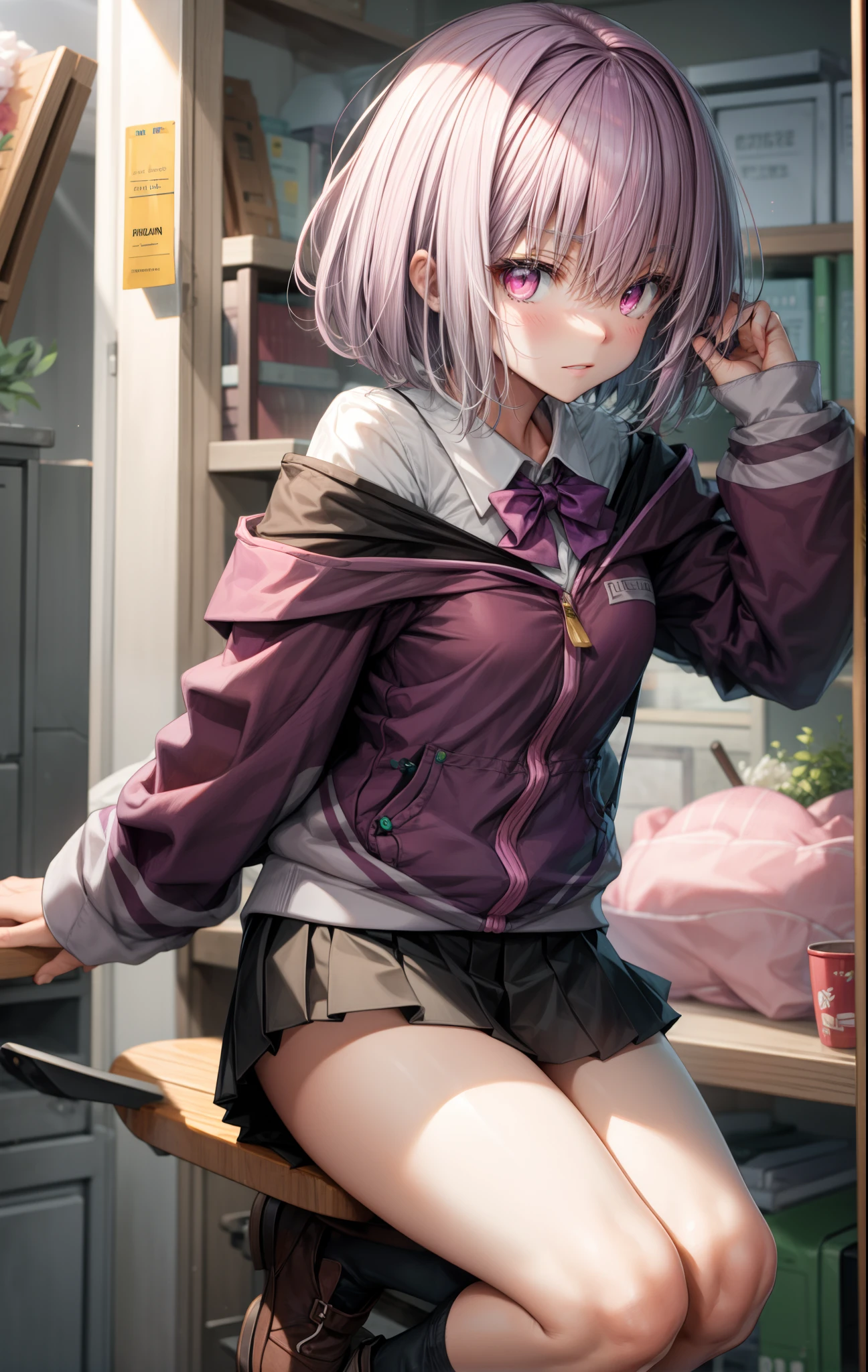 shinjou akane, light purple hair, (pink eyes:1.2), short hair,