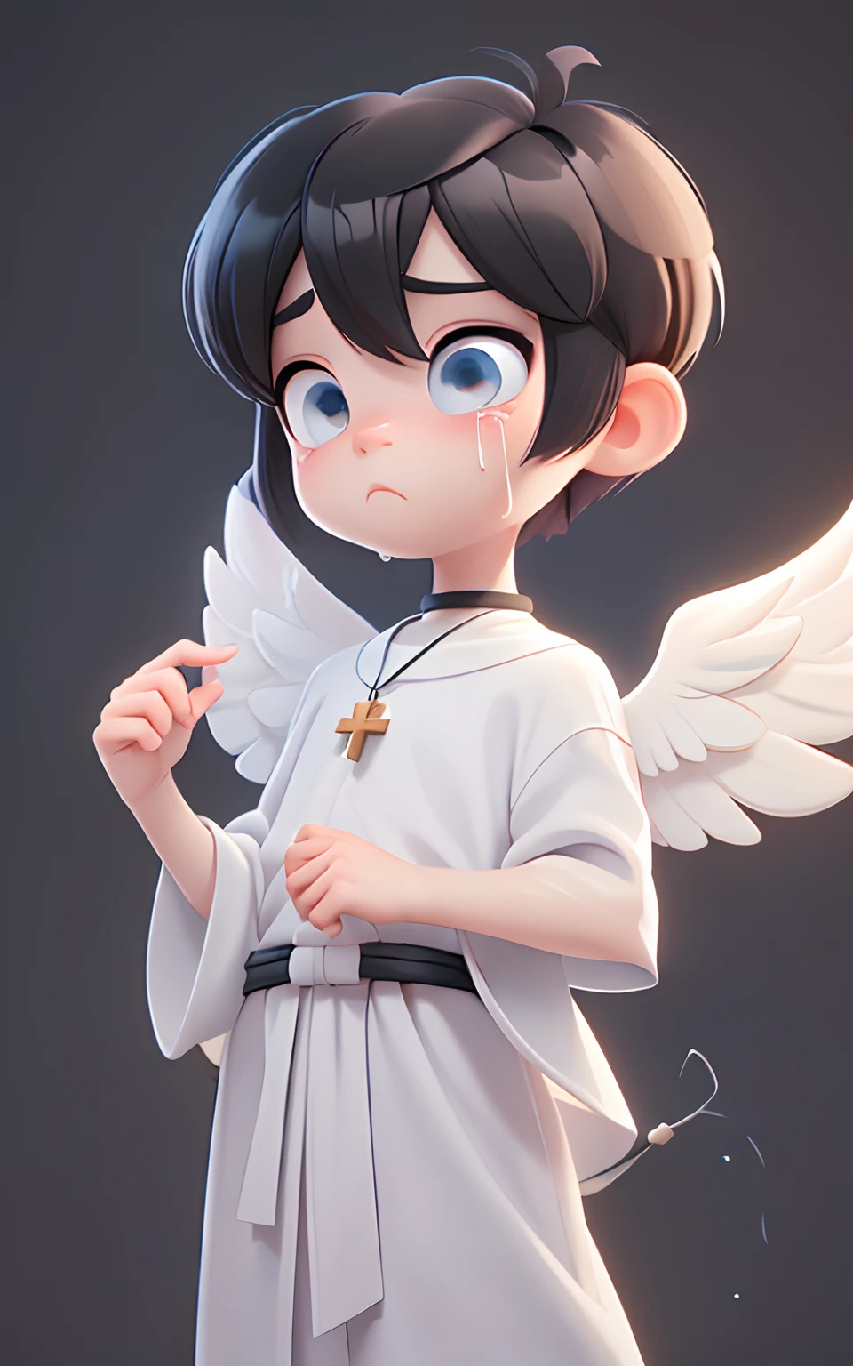 Pixar, 1 boy, Angelic appearance, (Short-haired black hair:1.5), Eyes are blue, Yancha Face, (With keen eyes:1.5), (Bad eyes:1.5), Crying face, Bad character, (Little white angel wings:1.5), Wearing a cross necklace, Angelic white robes, 独奏, Bangs, male people, Upper body