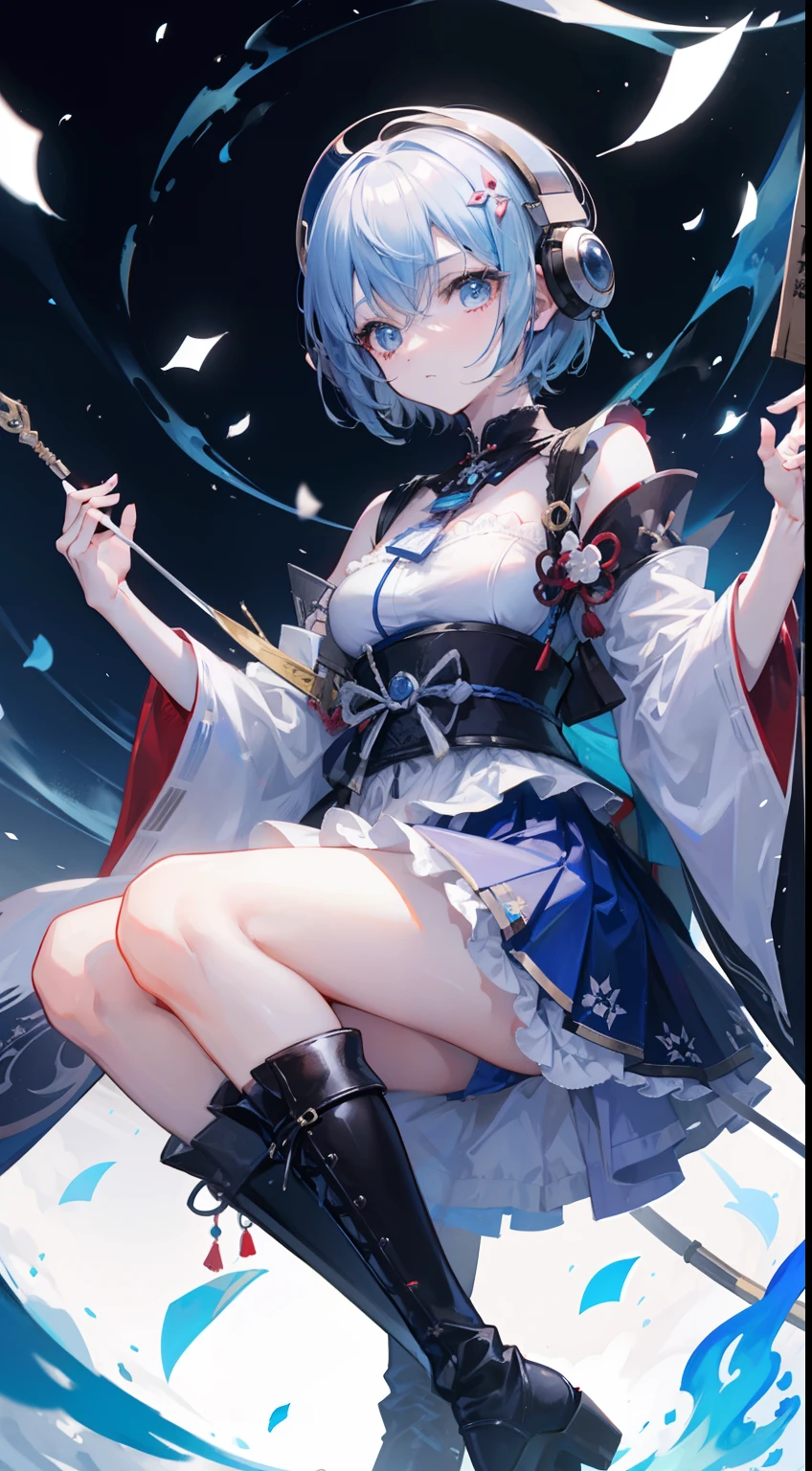 short-hair、gotik、Japanese Lolita、Hold the sword、Confetti、head phone、hotpants、Blue Flame、A picture that can be seen in its entirety Black boots Front-facing composition