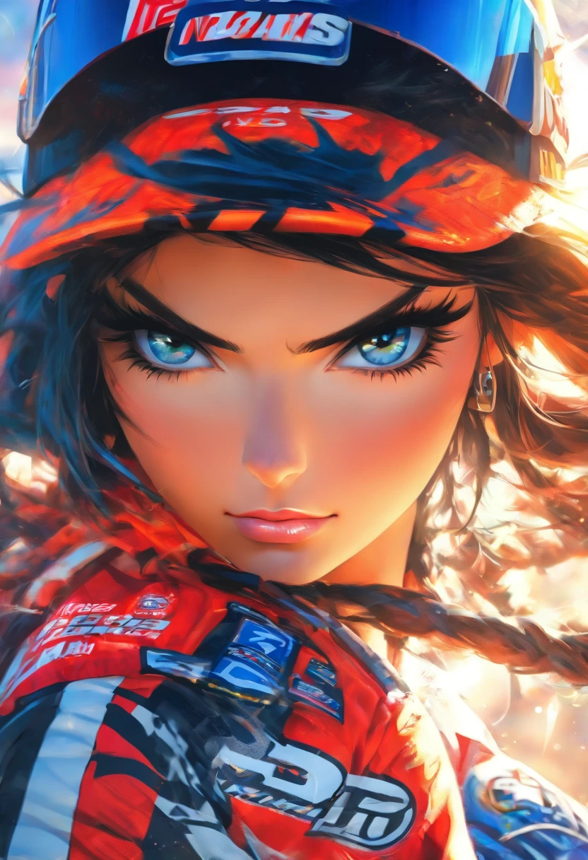 The most beautiful and sexy nascar girl, black hair, blue eyes, wearing highly detailed nascar gear, tattoos and piercings, nascar race track, perfect masterpiece, high quality, high resolution