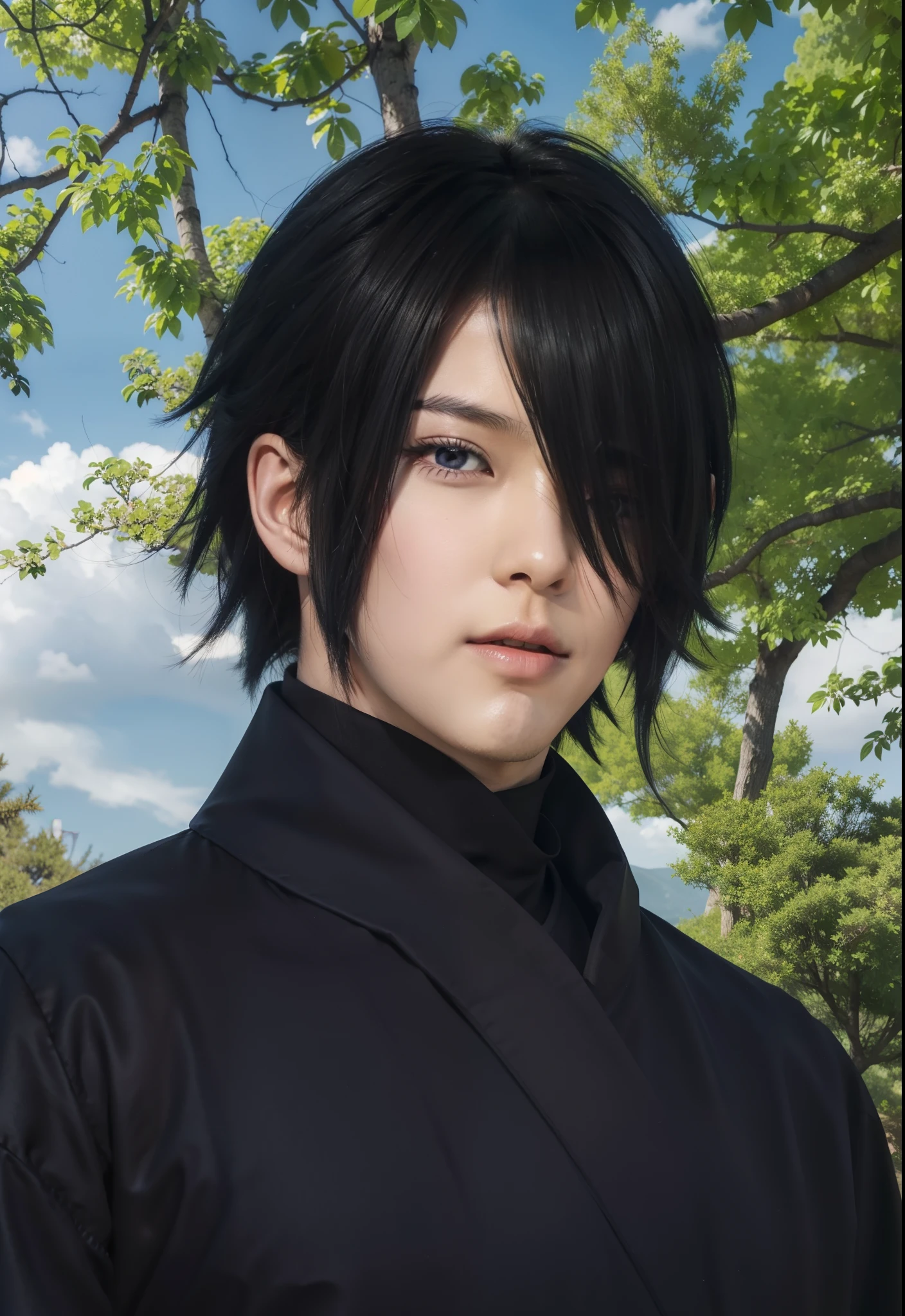 real Life adaption of this character,his name is Sasuke uchiha from anime naruto ,hyper realistic,detail realistic hairstyle ,(1 eye covered by hair), high resolution, photorealistic,very detailed,realistic outfit Black robe ,((korean teen handsome)) ,detailed realistic shining eyes,(photorealistic:1.4),(realism:1.6),(realistic skin),,realistic light,realistic shadow,sharpen, (collar),(cool expression),(realistic:1.2),look at viewer