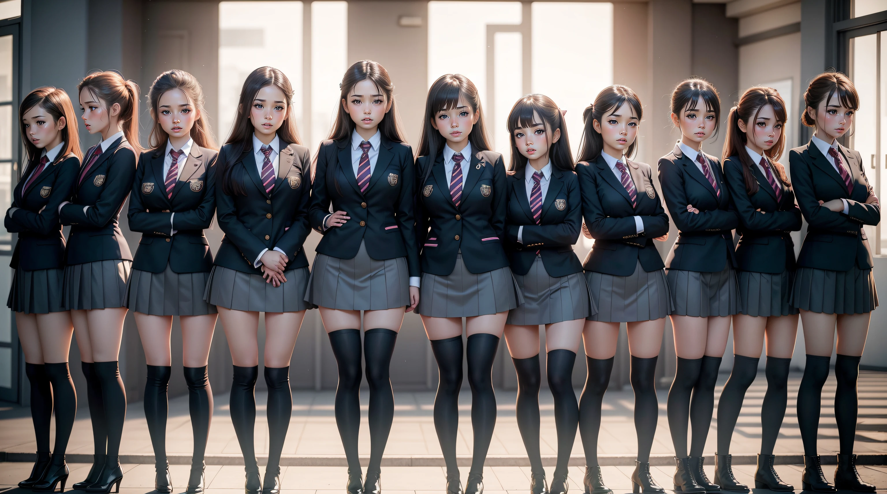 lineup, 20girls, school uniform, blush, kiss, knee boots, microskirt, thighhighs, serafuku, high heels boots, (full body), face,