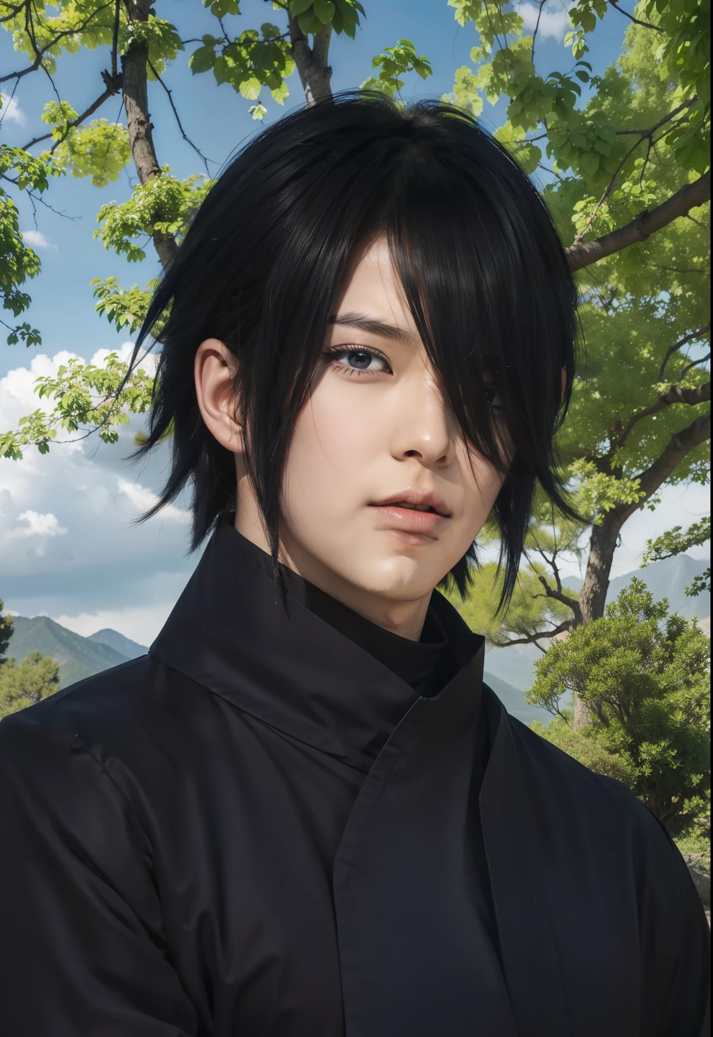 real Life adaption of this character,his name is Sasuke uchiha from anime naruto ,hyper realistic,detail realistic hairstyle ,(1 eye covered by hair), high resolution, photorealistic,very detailed,realistic outfit Black robe ,((korean teen handsome)) ,detailed realistic shining eyes,(photorealistic:1.4),(realism:1.6),(realistic skin),,realistic light,realistic shadow,sharpen, (collar),(cool expression),(realistic:1.2),look at viewer