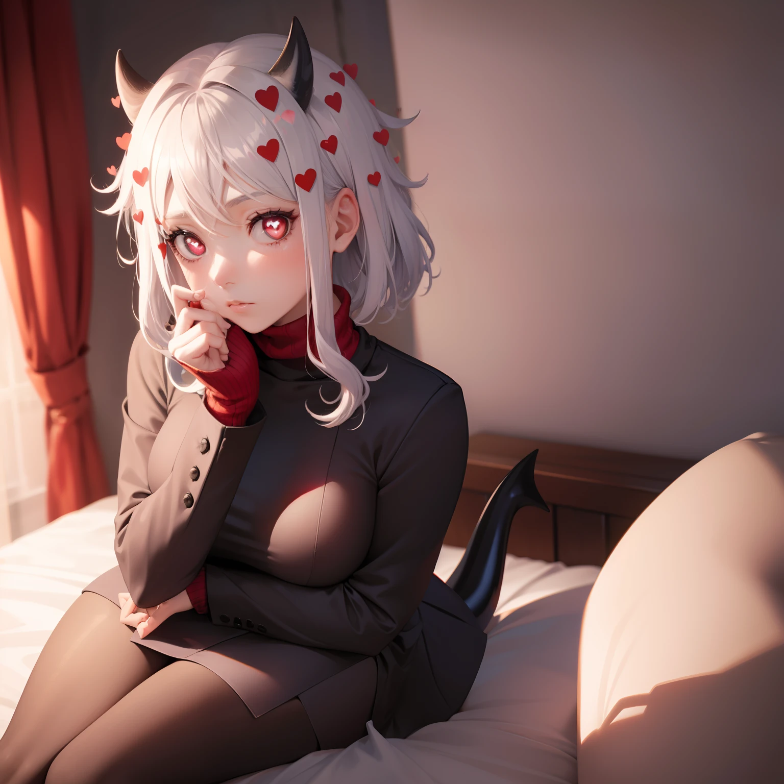 Masterpiece, (1 girl), Best Quality, Modeus (helltaker), (demon tail), ((red ribbed sweater,high neck)), panties, (red eyes), (((white hair))),((medium short hair)), trumpets, hearts, (heart-shaped pupils), black horns,  pantyhose, black mid-calf stockings. just woke up, still lying in bed, talking with someone, lying down, holding cell phone with both hands, looking back, frontal pose, legs crossed, casual, comfortable, sitting on her bed