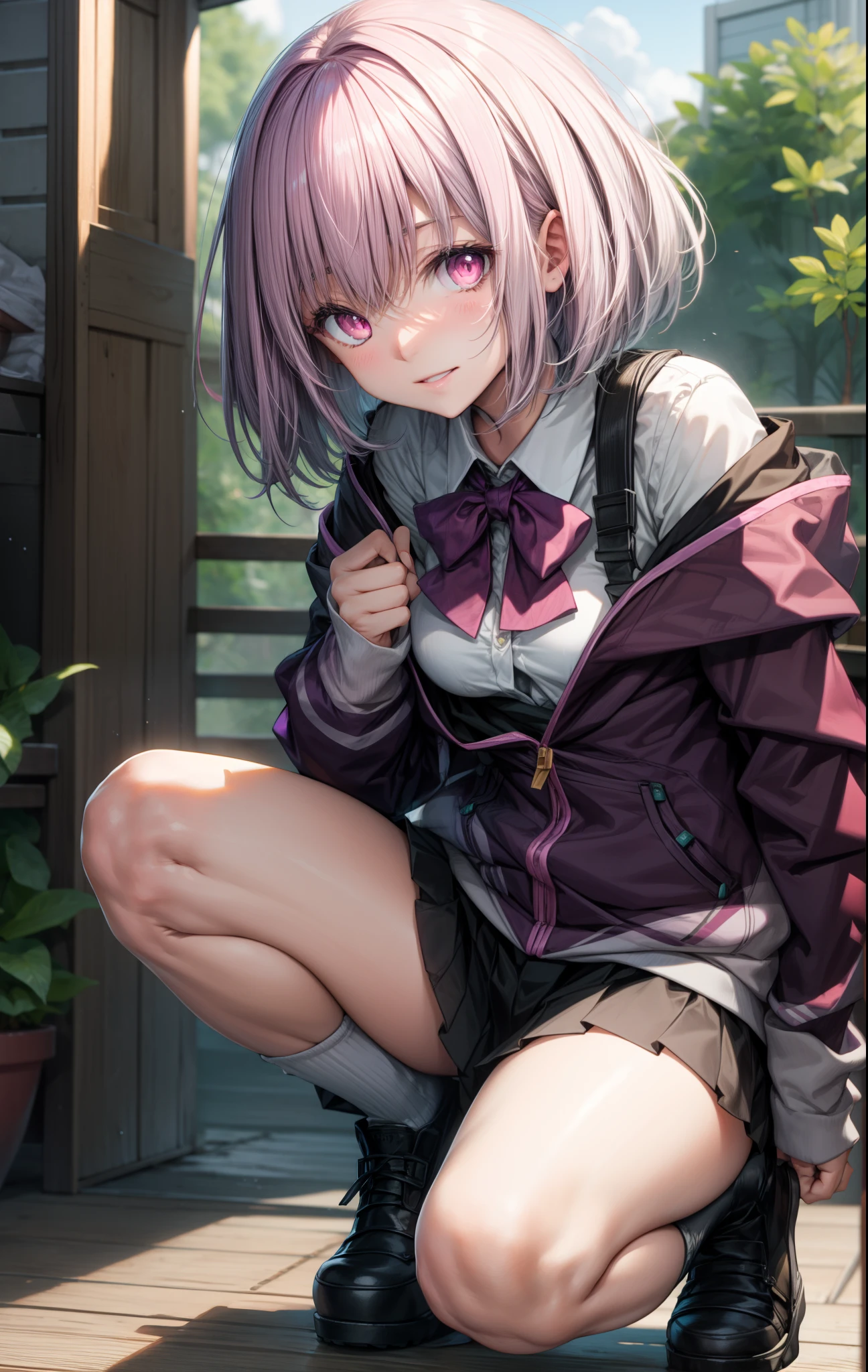 shinjou akane, light purple hair, (pink eyes:1.2), short hair,