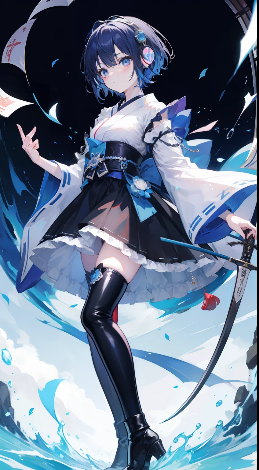 short-hair、gotik、Japanese Lolita、Hold the sword、Confetti、head phone、hotpants、Blue Flame、A picture that can be seen in its entirety Black boots Front-facing composition