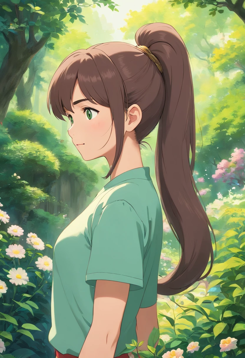 (highres,photorealistic,best quality,portrait:1.2),a woman in a t-shirt,looking from the side,with a ponytail,a calm and serene expression,beautiful detailed eyes,fine facial features,soft curves,smooth skin tone,natural lighting,subtle shadows,vivid colors,relaxed posture,hint of a smile,enjoying the moment,peaceful background environment,gentle breeze,green garden with blooming flowers,dense foliage,rich textures,graceful movement,effortless elegance.