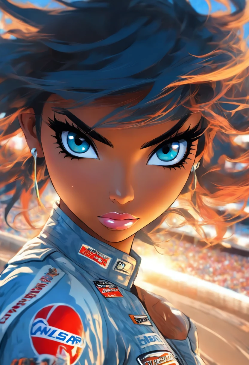 The most beautiful and sexy nascar girl, black hair, blue eyes, dark skin, wearing highly detailed nascar gear, tattoos and piercings, nascar race track, perfect masterpiece, high quality, high resolution