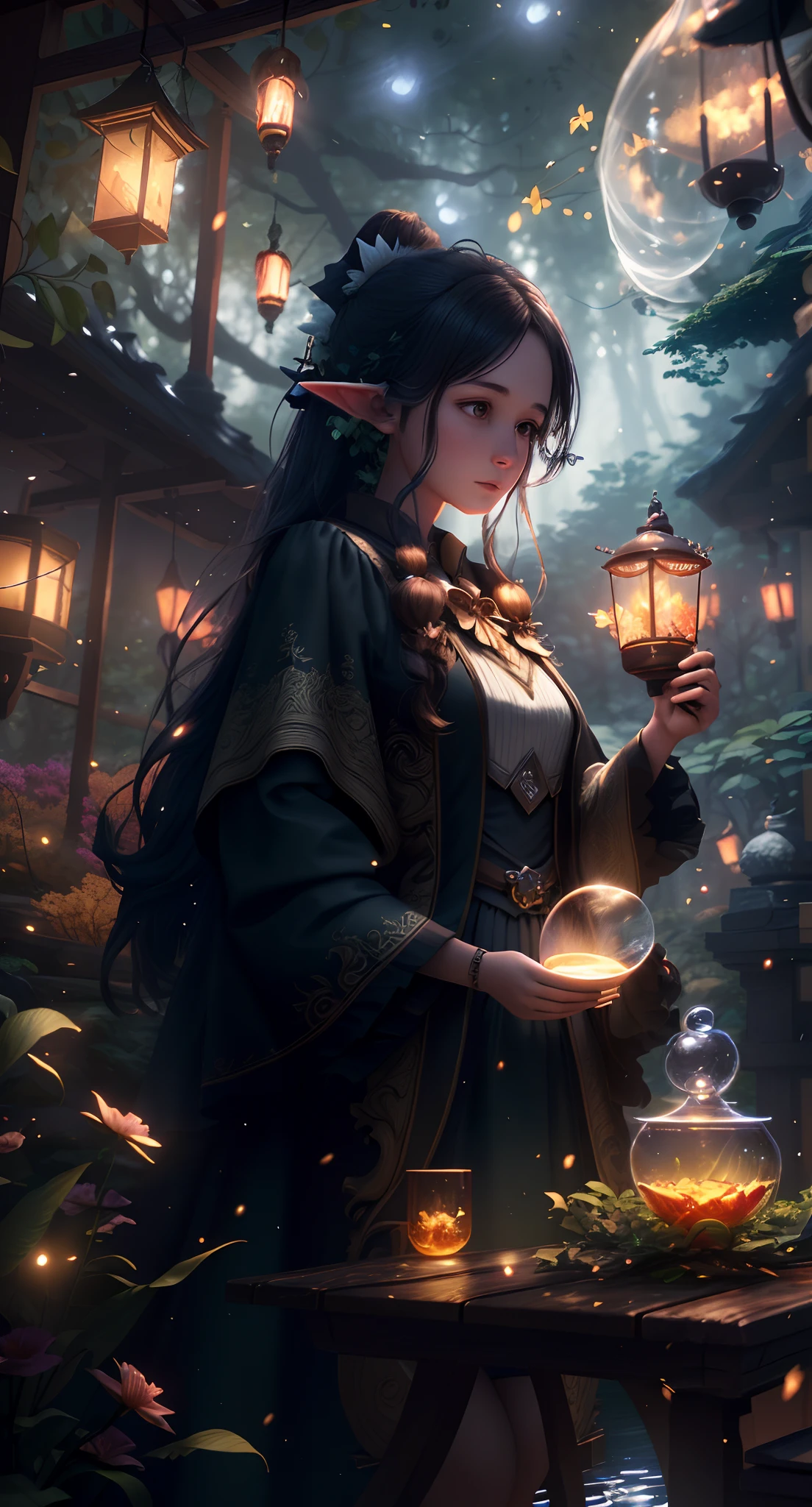 Masterpiece, best quality, (very detailed CG unified 8k wallpaper), (best quality), (best illustration), (best shadow), glowing elf, with a rabbit, drinking water in the pool, natural elements in forest theme. Mysterious forest, beautiful forest, nature, surrounded by flowers, delicate leaves and branches surrounded by fireflies (natural elements), (jungle theme), (leaves), (branches), (fireflies), (particle effects) and other 3D, Octane rendering, ray tracing, super detailed --v6