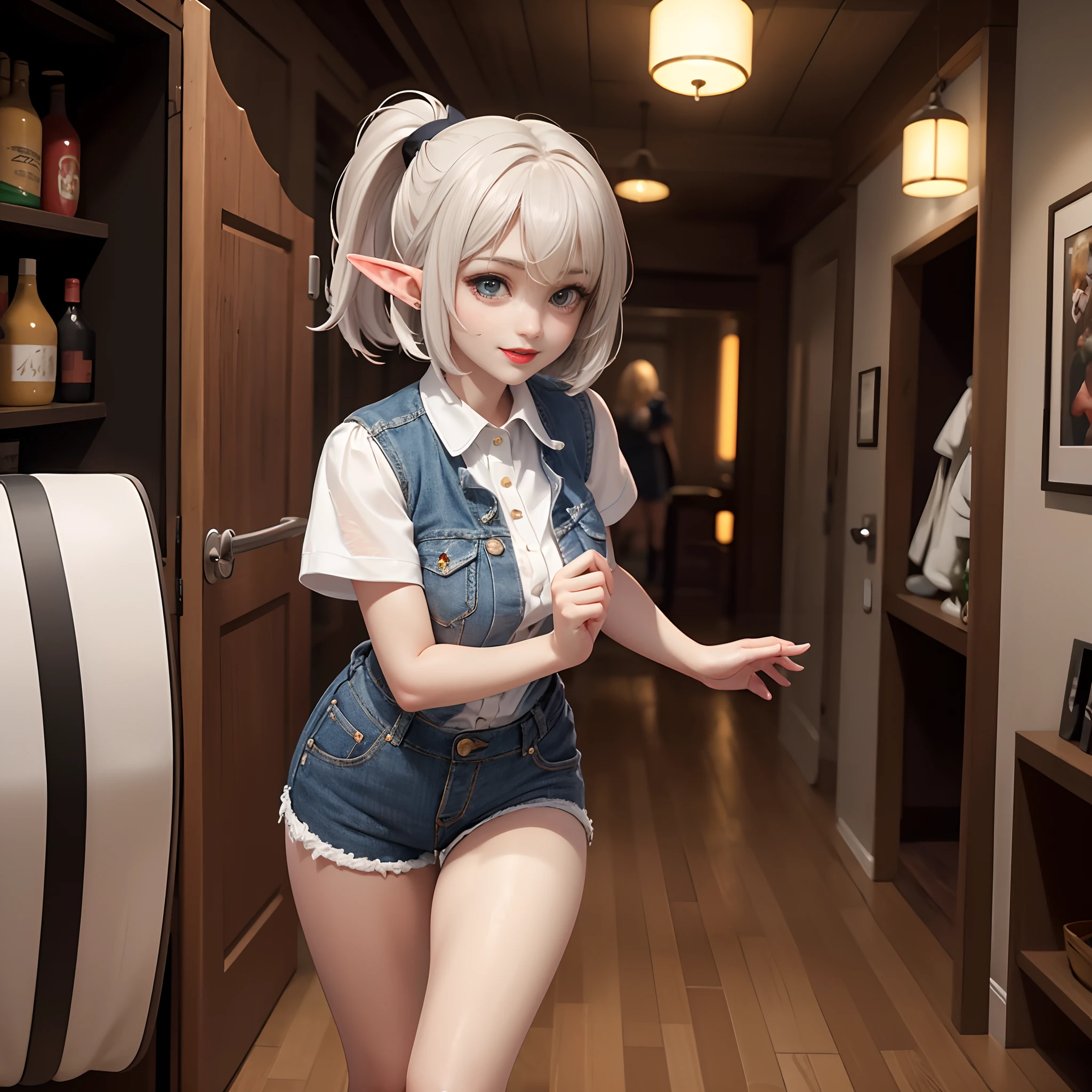 (Best quality,4K,A high resolution,Masterpiece:1.2),Ultra-detailed,Photorealistic:1.37, hdr,hyper HD,Studio lighting,Ultra-fine painting,Sharp focus,Physically-based rendering,Extreme detail description,professional,Vivid colors,Bokeh,sportrait,Sci-fi,steampunc,Futuristic,Alien Market,forest,Beautiful and delicate upper body girl:1.1,blond hair bob,Silver smile,Mechanized weapons,Wear a white vest, Distressed denim shorts,Engineer Boots, Red lips,Long hair, Beautiful, tender, Lively, Glass slippers, dress, pony tails, Lively atmosphere, ears of elf, Playful expression