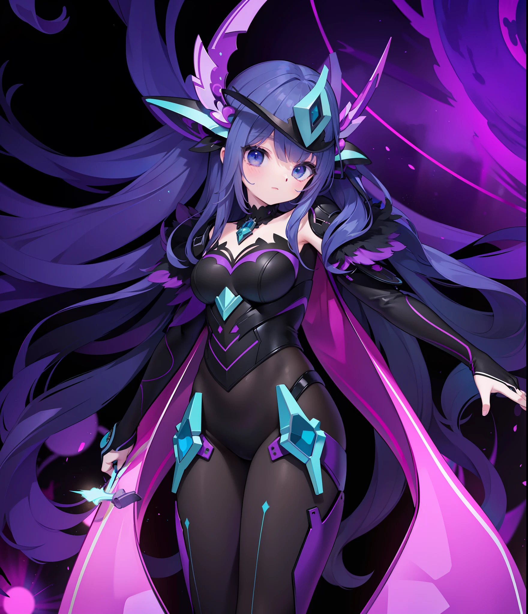 an elf mage, long dark blue hair, bangs, large breasts, exposed thighs, hair between eyes, heroic posture, blue eyes, full body, dark blue and purple robe, confident, fantasy, medieval, magic, night, lens reflection