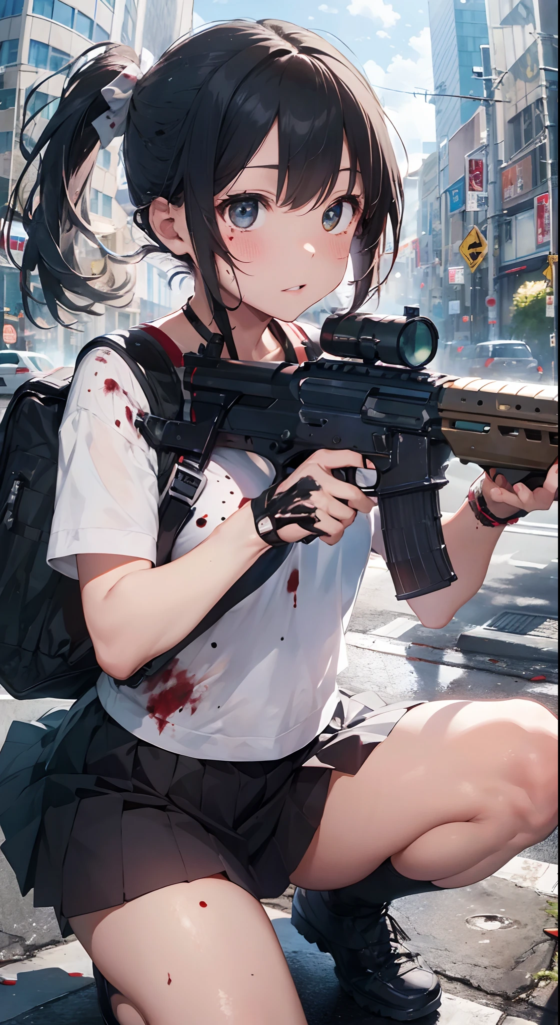 Masterpiece, Top Quality, Lens Flare, Depth of Field, (Close Up: 1.3), (Wide Shot, Fisheye: 0.85), Face Focus, 1 Girl, Cover with Blood, Detailed Face Splattered, Detailed Lips with Blood Stains, Squat, Blue Short Hair, Blouse with Open Chest, Pleated Skirt, (Holding a Weapon, Holding a Rifle, Aiming, Aiming:1.2), gun, H&K HK416, carbine, open fire, firing, sunny, blue sky, cloudy sky, city, street, road sign, skyscraper,