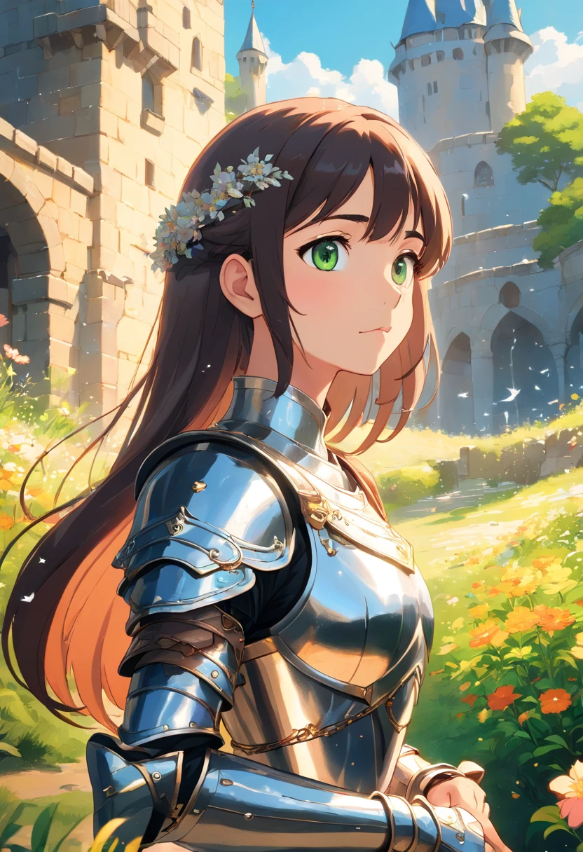 3d animation, (masterpiece, best quality),(extremely intricate:1.3), (realistic), 1girl, milf, caucasian, green eyes, perfect eyes, perfect iris, perfect pupils, perfect lips, perfect nose, perfect hands, very detailed hands, perfect fingers, black hair, short hair, straight hair, bobbles ponytail hair, (medieval armor), metal reflections, (((silver armor))), outdoors, far away castle, (ornately decorated armor), (insanely detailed, bloom:1.5), chainmail, intense sunlight, professional photograph of a stunning woman detailed, sharp focus, award winning, cinematic lighting, blurry background, upper body, ((confident)), (Pose:looking at the camera), shadows, contrast, clear blue sky, constellations, peaceful, serene, quiet, tranquil, remote, secluded, adventurous, exploration, escape, independence, survival, resourcefulness, challenge, perseverance, stamina, endurance, observation, intuition, adaptability, creativity, imagination, artistry, inspiration, beauty, awe, wonder, gratitude, appreciation, relaxation, enjoyment, rejuvenation, mindfulness, awareness, connection, harmony, balance, texture, detail, realism, depth, perspective, composition, color, light, shadow, reflection, refraction, tone, contrast, foreground, middle ground, background, naturalistic, figurative, representational, impressionistic, expressionistic, abstract, innovative, experimental, unique