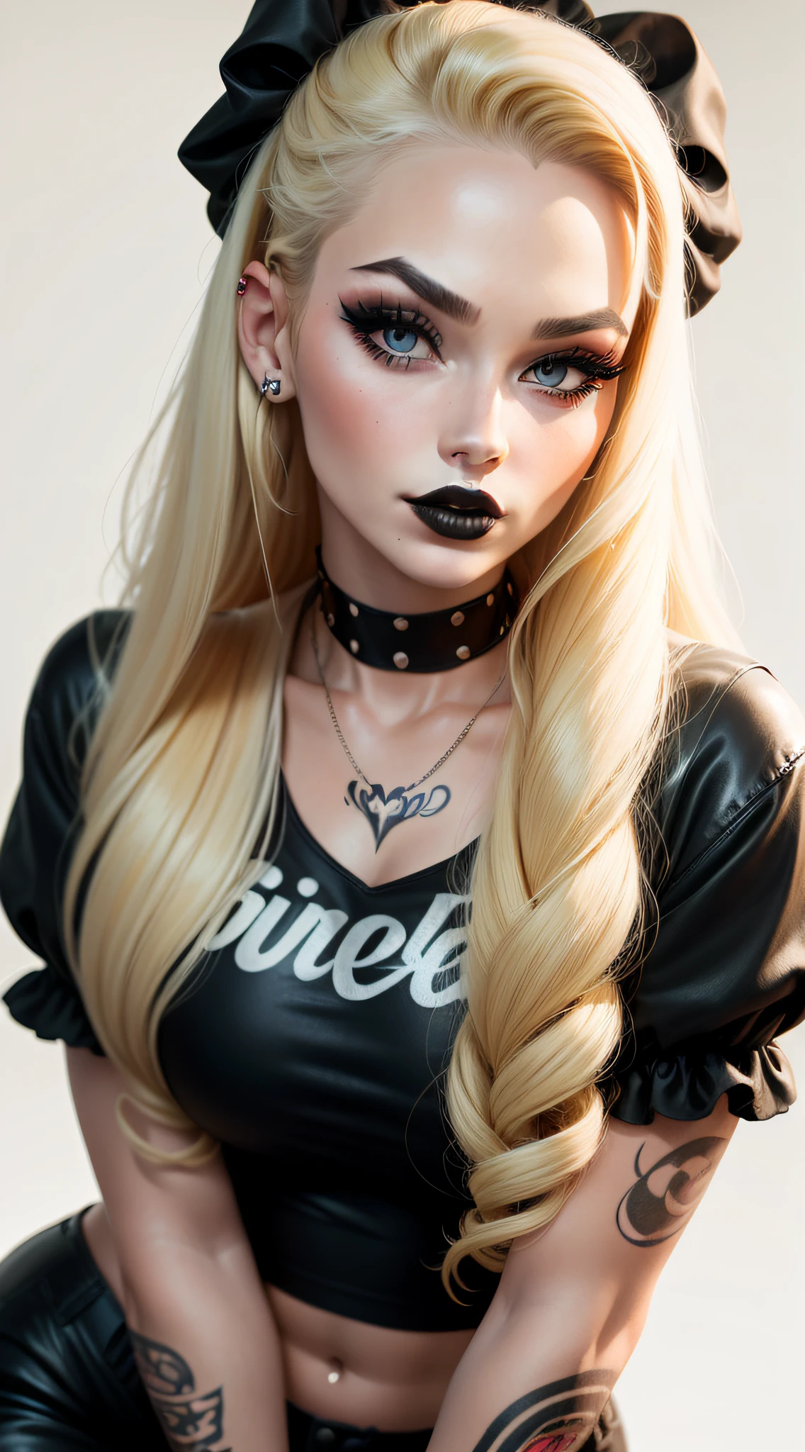 50's Style. Pretty Blonde Girl's Face with Long Hair with Tattoos on Face and Neck Black make-up and black lipstick. Cholo style. Pin-Up Retro Style. White Background