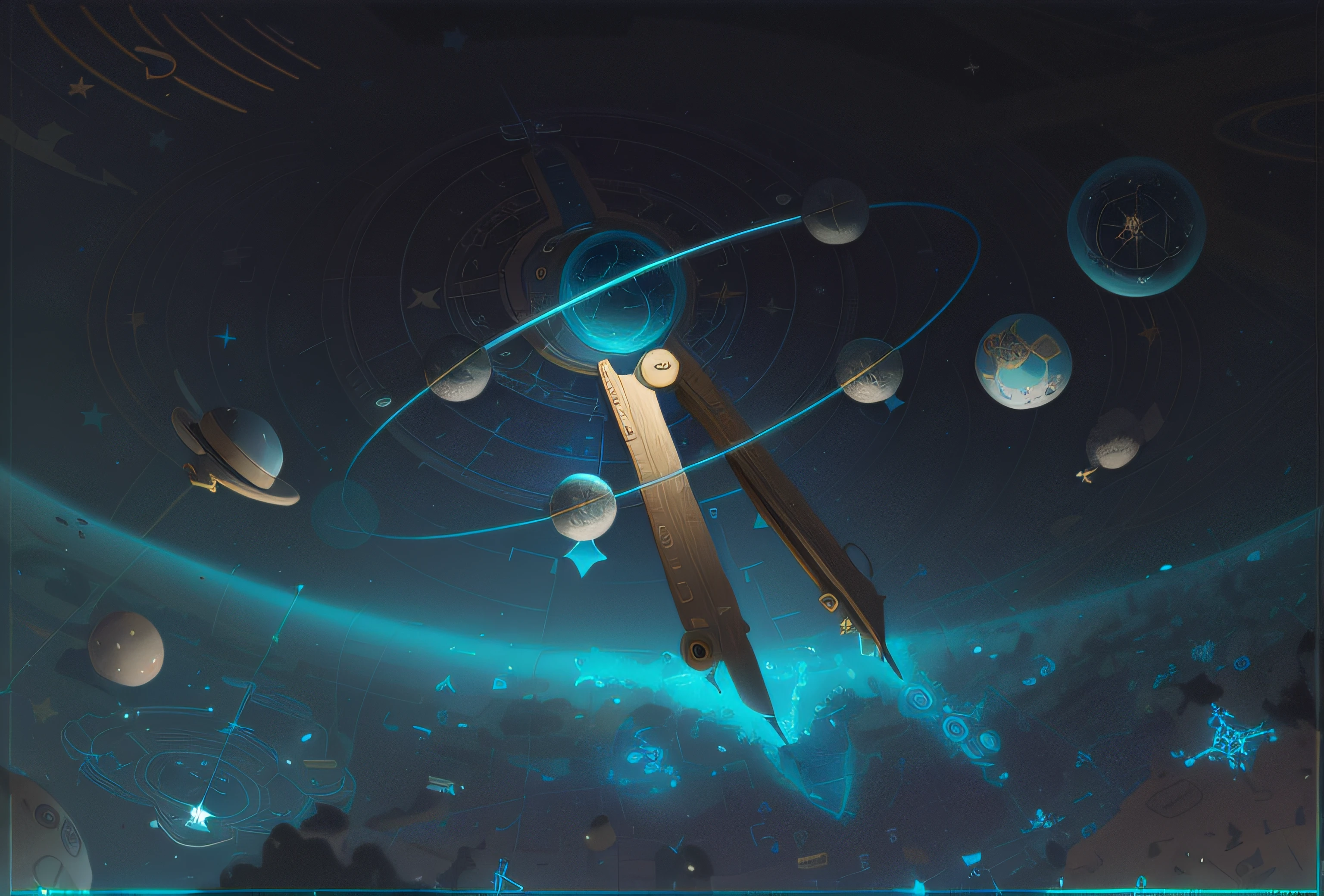 There is a drawing of a space station with circles and stars, geometry and astrology, illustratio, illustration in the golden ratio, detailed scene, Astrolabe, with a star - chart, A illustration, Aries constellation, Detailed 2D illustration, detailed digital illustration, Detailed illustration, illustratio, Digital illustration, full - view, Higher detailed illustration
