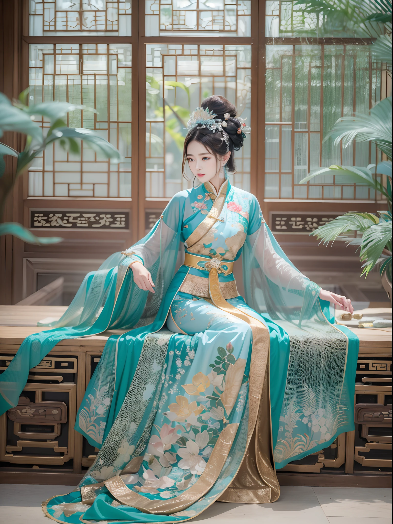 The princess was dressed in blue,Such as Arafad Asian women,On the head is a white powder corolla,The Royal Palace is exquisite。(pretty hand,perfect hand:1.5),Hanfu sleeves floating,Pure white gorgeous makeup,Traditional beauty,Ancient fashion。Gorgeous clothes with thin belts,Traditional Chinese embroidered gold thread,Washington fell into the clouds,Luxury is tradition。A Chinese girl in a robe,Walk through the gallery,The charm of Chinese clothing,The city is proud。Ancient Chinese dukes,Elegant and moving,a beautiful fantasy empress,Ride the wind in fancy costumes。Fluttering Chinese robes,It's like a fairyland palace,The beauty of traditional Chinese,The princess is full of grace。