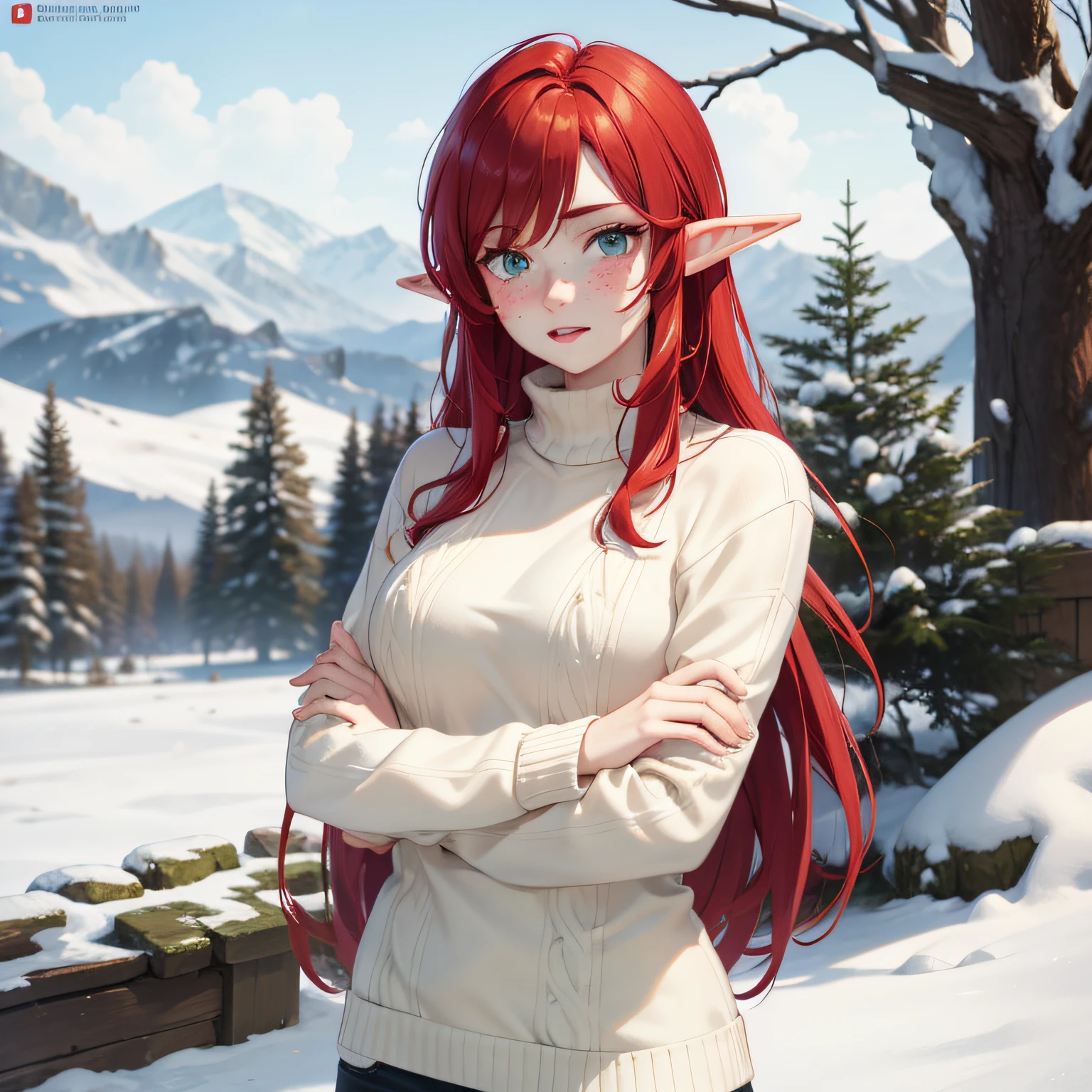 Elf, red hair, emerald green eyes, freckles, cute, gentle, snow, sweater, young adult