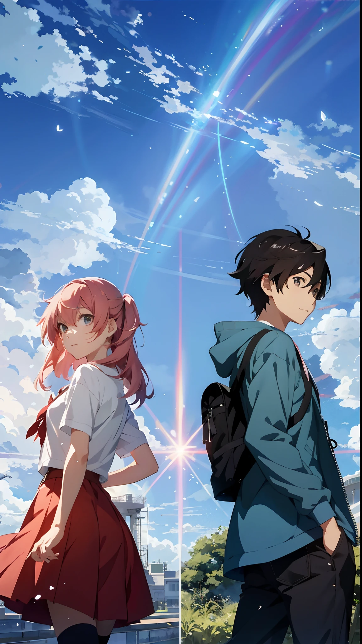 A boy and a girl with their backs to each other，Turn Back，Brilliant sky，Girl with medium and long pink hair wearing a white top and a short red skirt，Boy with short black brown hair wearing a blue jacket and black pants，an anime drawing inspired by Makoto Shinkai, trending on pixiv, serial art, Kantai collection style, Beautiful anime, style of anime4 K, Beautiful Anime High School Girls, Beautiful anime girl, Makoto shinkai style, up of young anime girl, 4K anime wallpaper