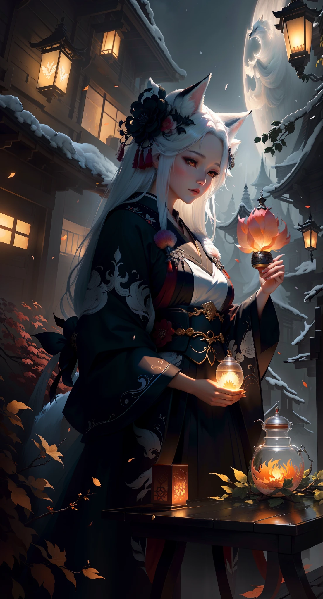 Painting of a fox with white hair sitting on a branch，ethereal fox，nine tail fox，Fox three-tailed fox，Onmyoji detailed art，Nine Tails，a beautiful artwork illustration，mythological creatures，red fox，Beautiful digital artwork，Exquisite digital illustration，mizutsune , Inspired by the mythical creature wildnet，Digital art on Pixiv，strong lights，hight contrast，Horror movie theme，Dark atmosphere，Standing painting