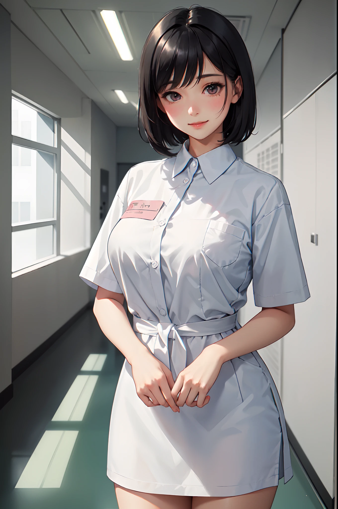 (8K、Top image quality、top-quality、masterpiece)、A detailed face、1 girl in、A dark-haired、short ponytail、blunt bangs、black eyes、smil、Moderately breasts、Nurse Cap、nurse、white glove、white pencil skirt、white pantyhose、cowboy shot、hospital room background