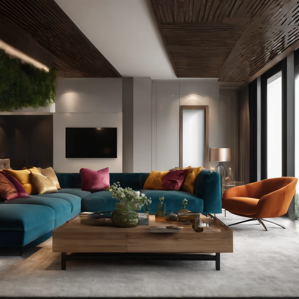 Modern living room with sofa and white flannel carpet
