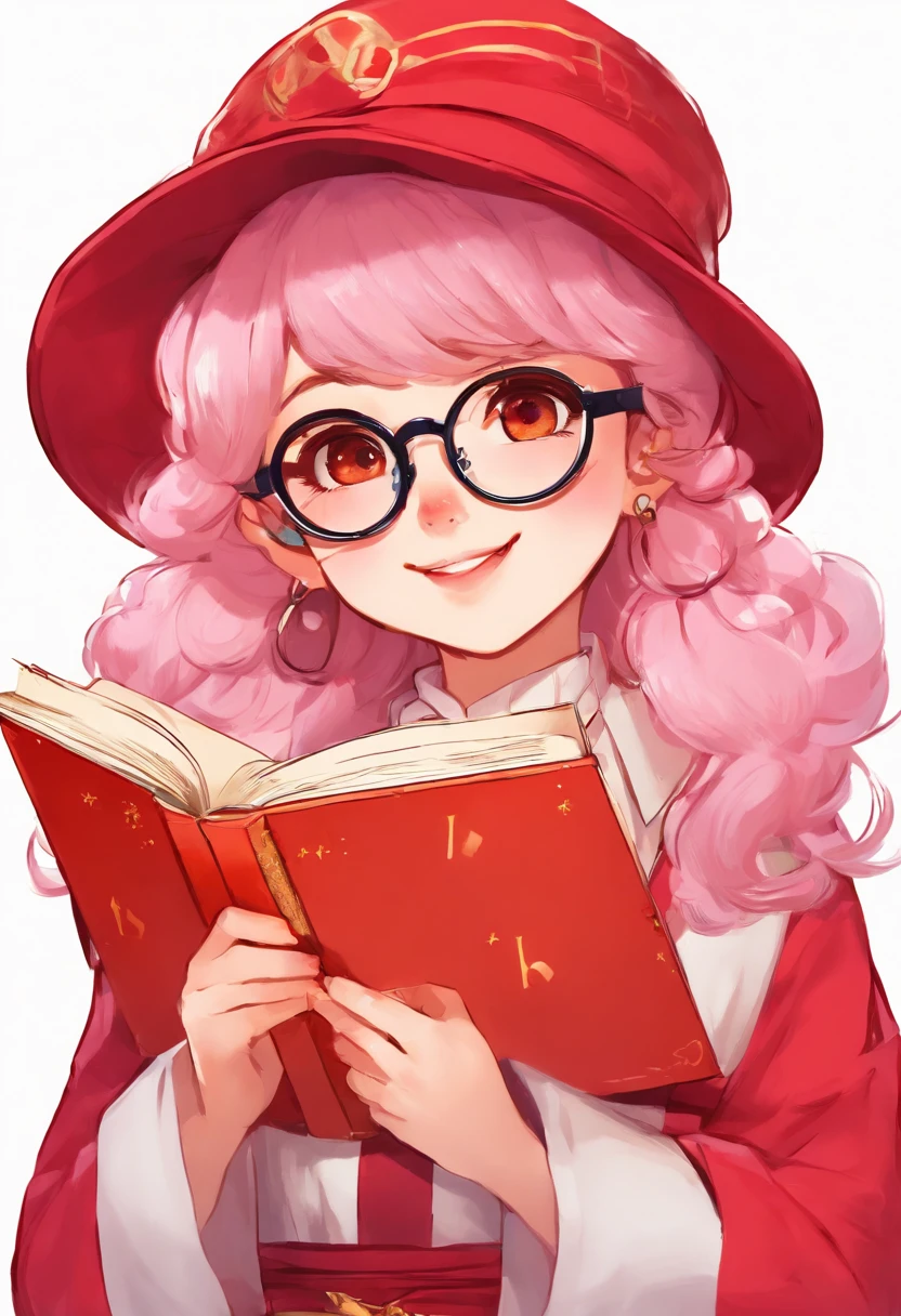 Woman in red hat and glasses holding a book,cabelos prateados,She wears Harry Potter glasses, Maya Ali como d&d feiticeira, holding spell book, vestido como bruxa, d&Magic D, wearing a red wizard's hat, pelada