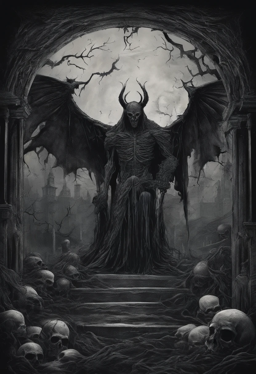 Winged demon, anal sex, decapitated corpse, skulls, grave coffin, tombstones, cemetery gate, raven, chthonic flame