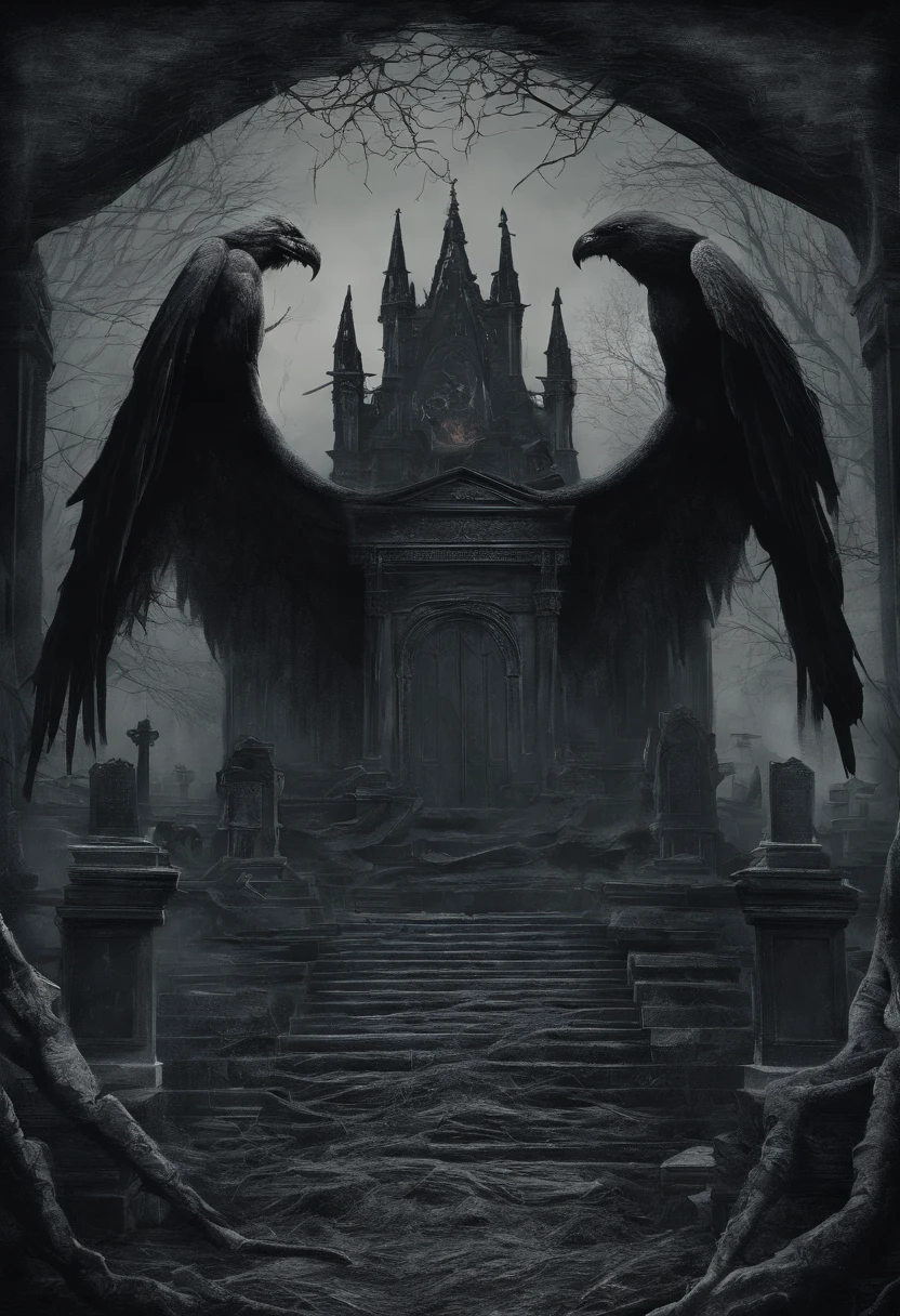 Winged demon, anal sex, decapitated corpse, skulls, grave coffin, tombstones, cemetery gate, raven, chthonic flame